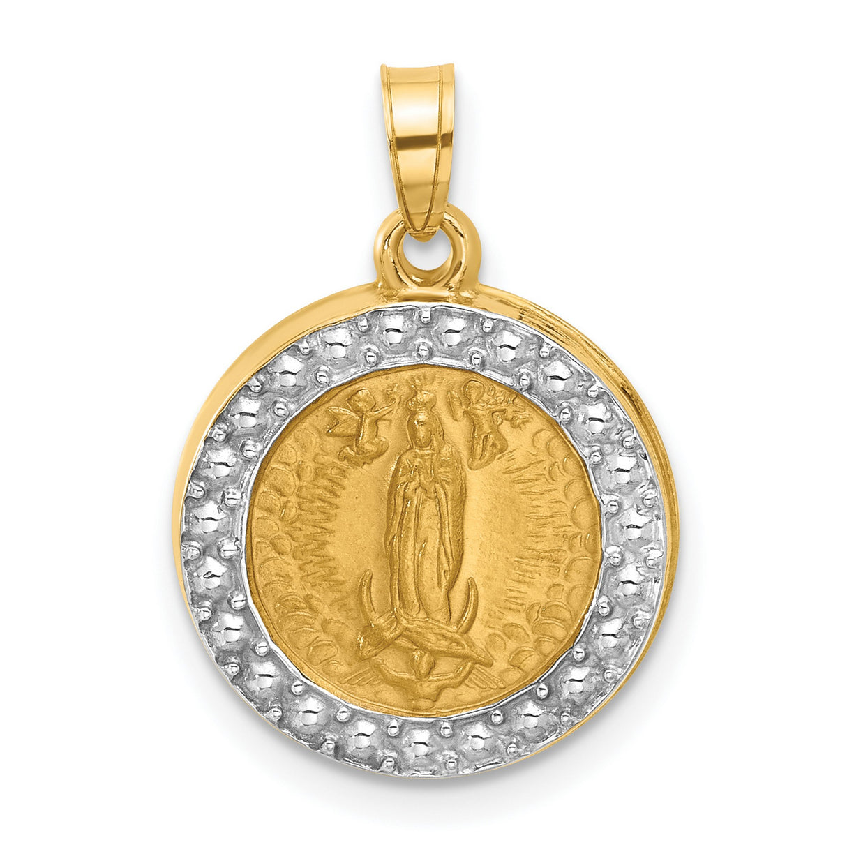 14k Multi-Tone Gold Virgin Mary Pendant with Angels, Rhodium Plated Religious Medal Charm
