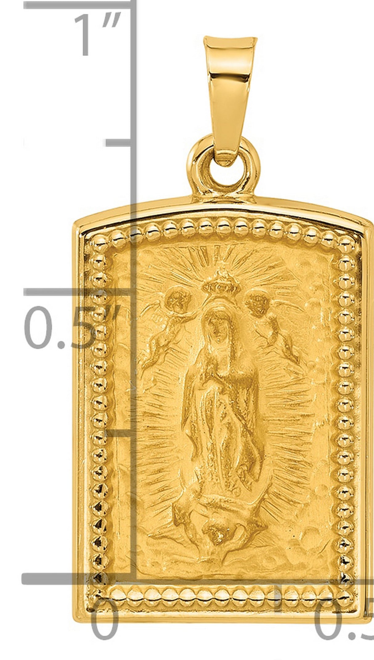 14k Yellow Gold Rectangular Pendant with Virgin Mary, Angels and Rays of Light