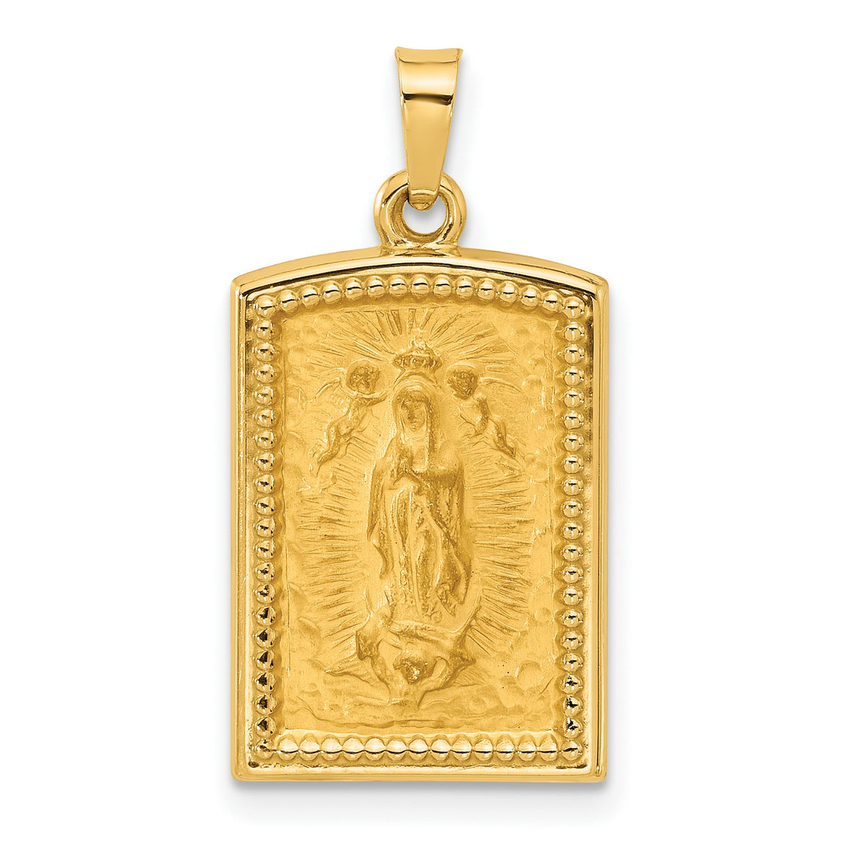 14k Yellow Gold Rectangular Pendant with Virgin Mary, Angels and Rays of Light