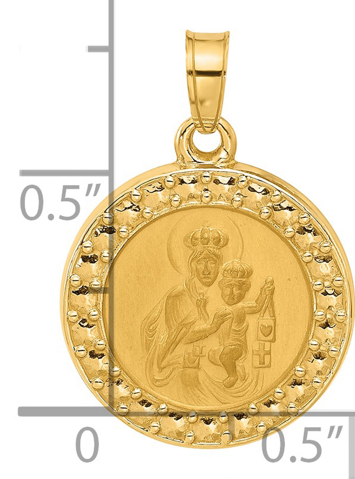 14k Yellow Gold Our Lady of Mount Carmel Round Pendant Medal with Virgin Mary and Jesus