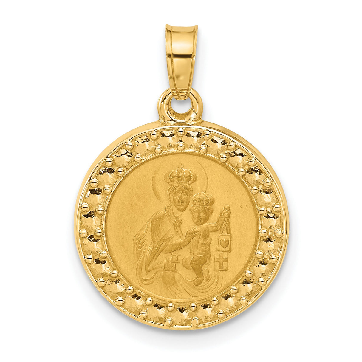 14k Yellow Gold Our Lady of Mount Carmel Round Pendant Medal with Virgin Mary and Jesus