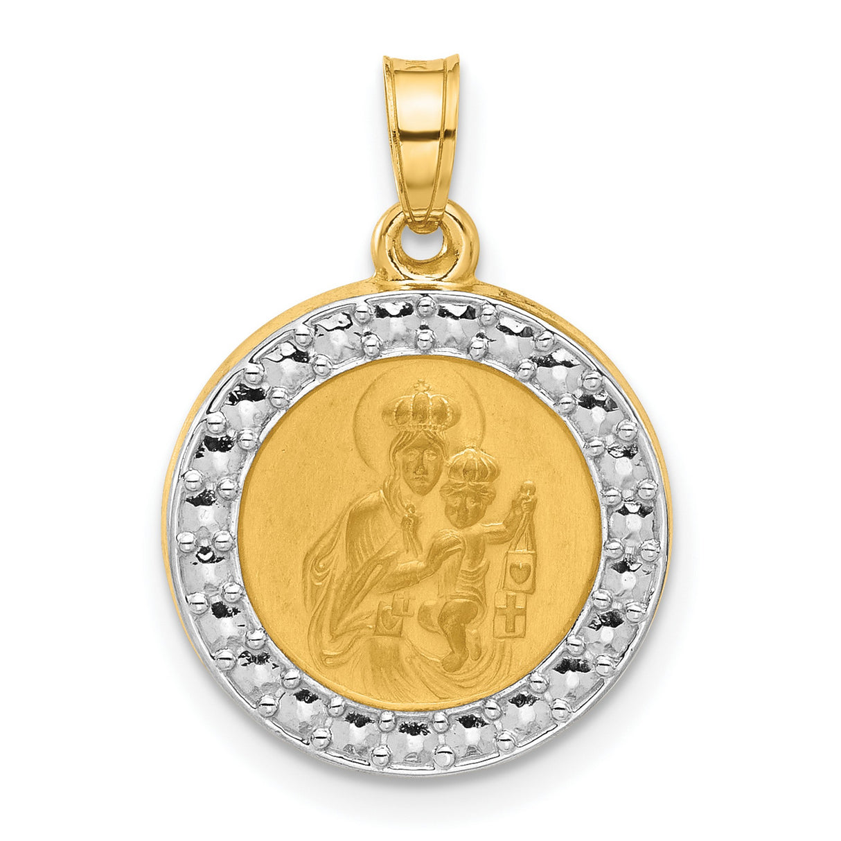 14k Two-Tone Gold Virgin Mary Pendant with Jesus Crowned Icon, Catholic Medal Charm