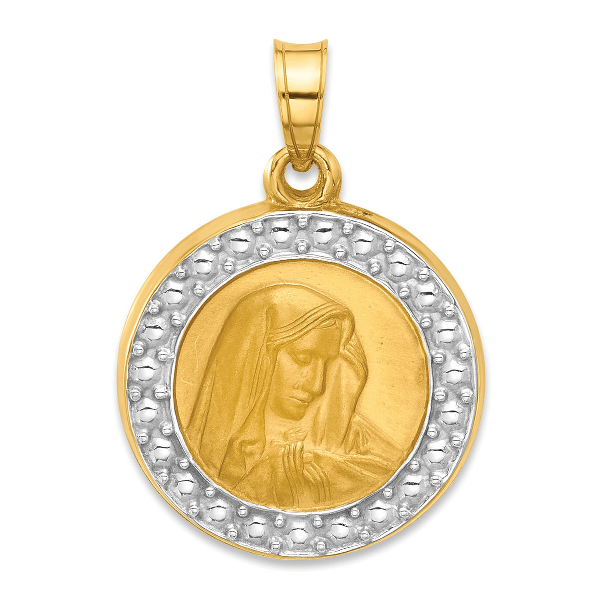 14k Multi-Tone Gold Virgin Mary Pendant with Textured Border, Religious Charm for Women