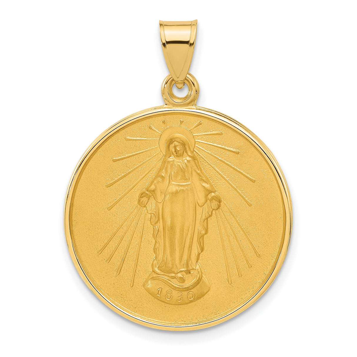 14k Yellow Gold Virgin Mary Pendant with Radiant Lines and 1830 Medal Design