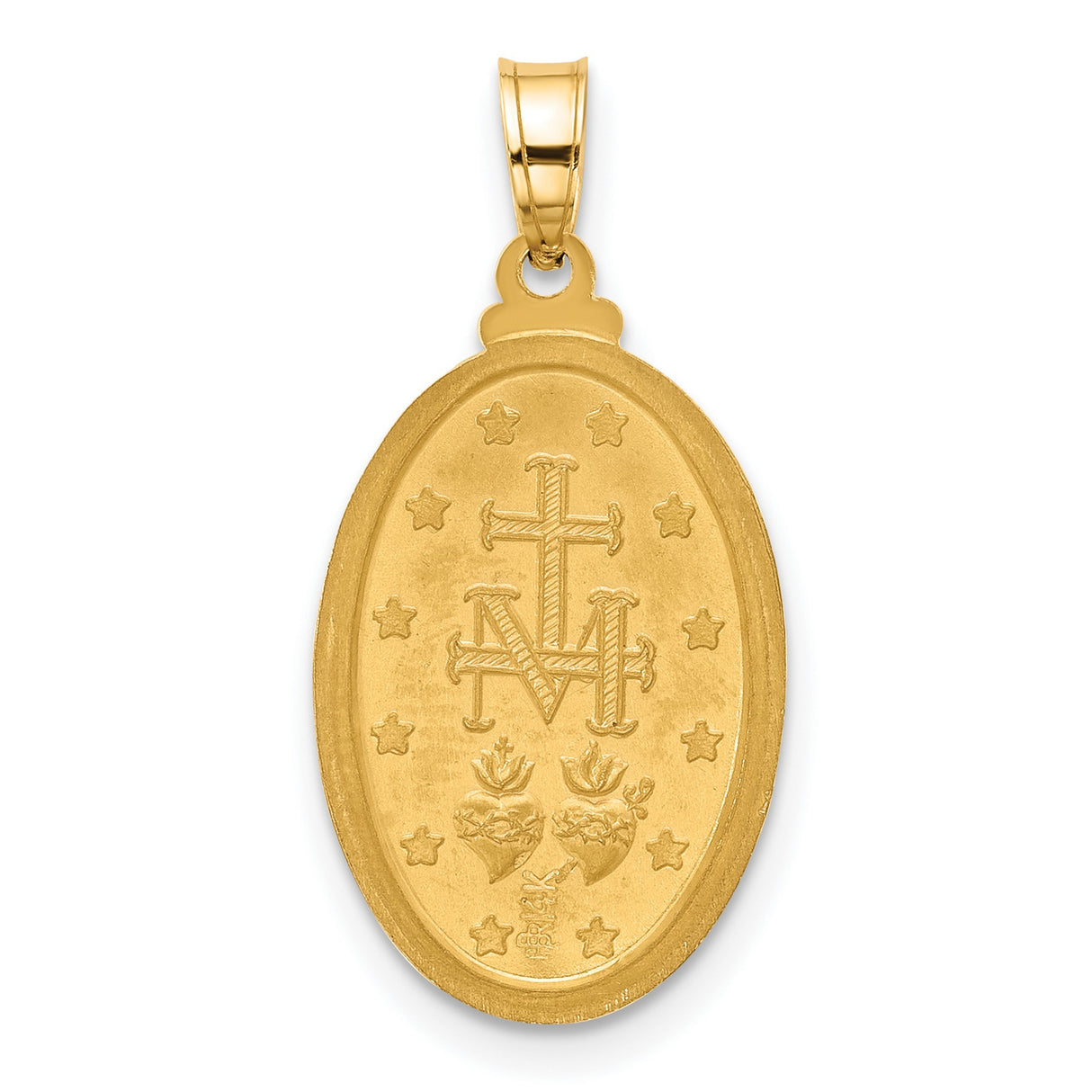 14k Multi-Tone Gold Miraculous Medal Pendant with Virgin Mary Inscription, Oval Religious Jewelry