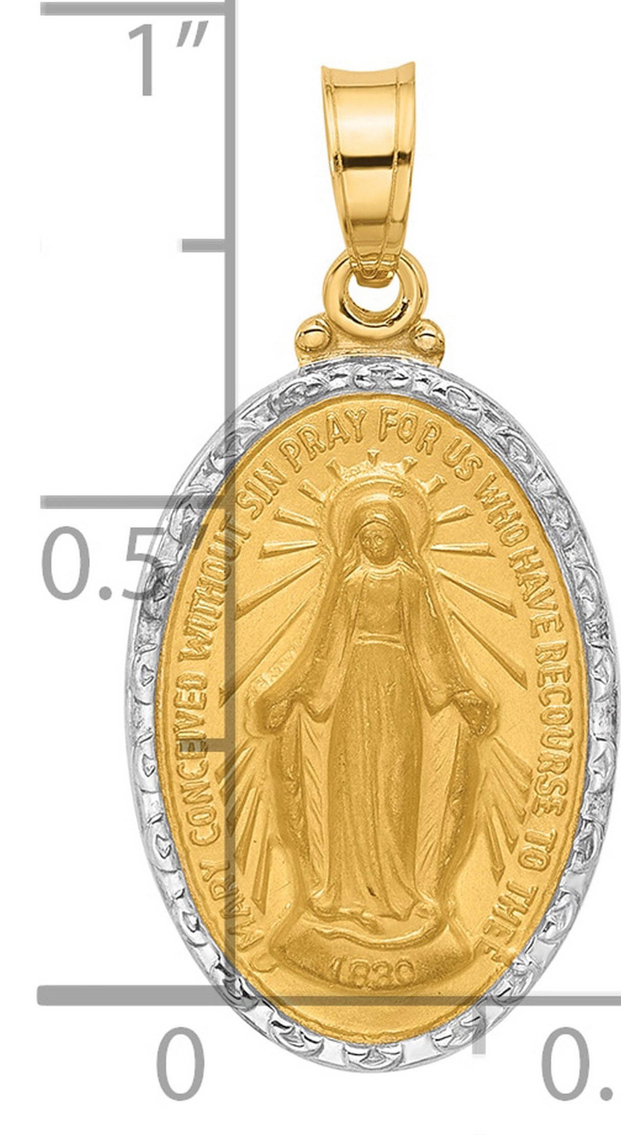 14k Multi-Tone Gold Miraculous Medal Pendant with Virgin Mary Inscription, Oval Religious Jewelry