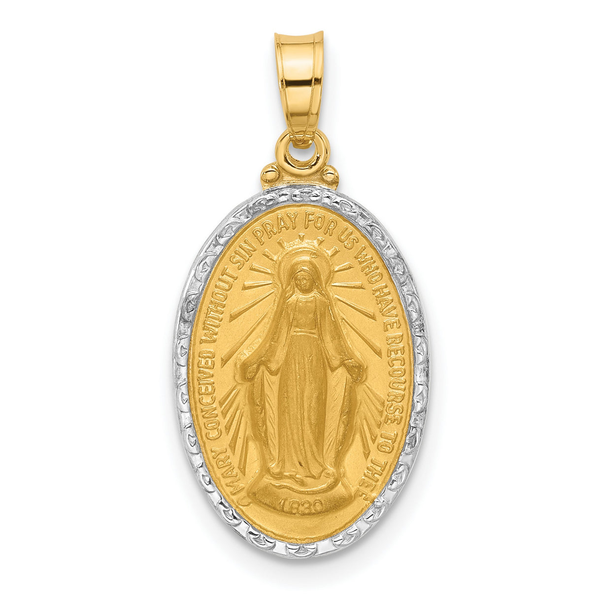 14k Multi-Tone Gold Miraculous Medal Pendant with Virgin Mary Inscription, Oval Religious Jewelry