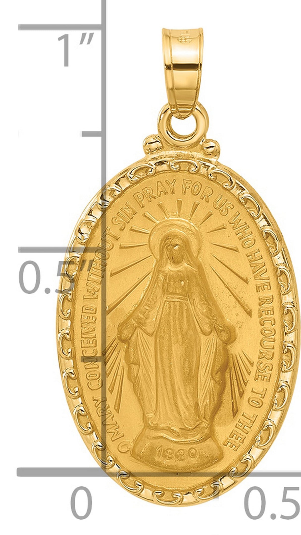 14k Yellow Gold Miraculous Medal Pendant with Virgin Mary and Satin Finish