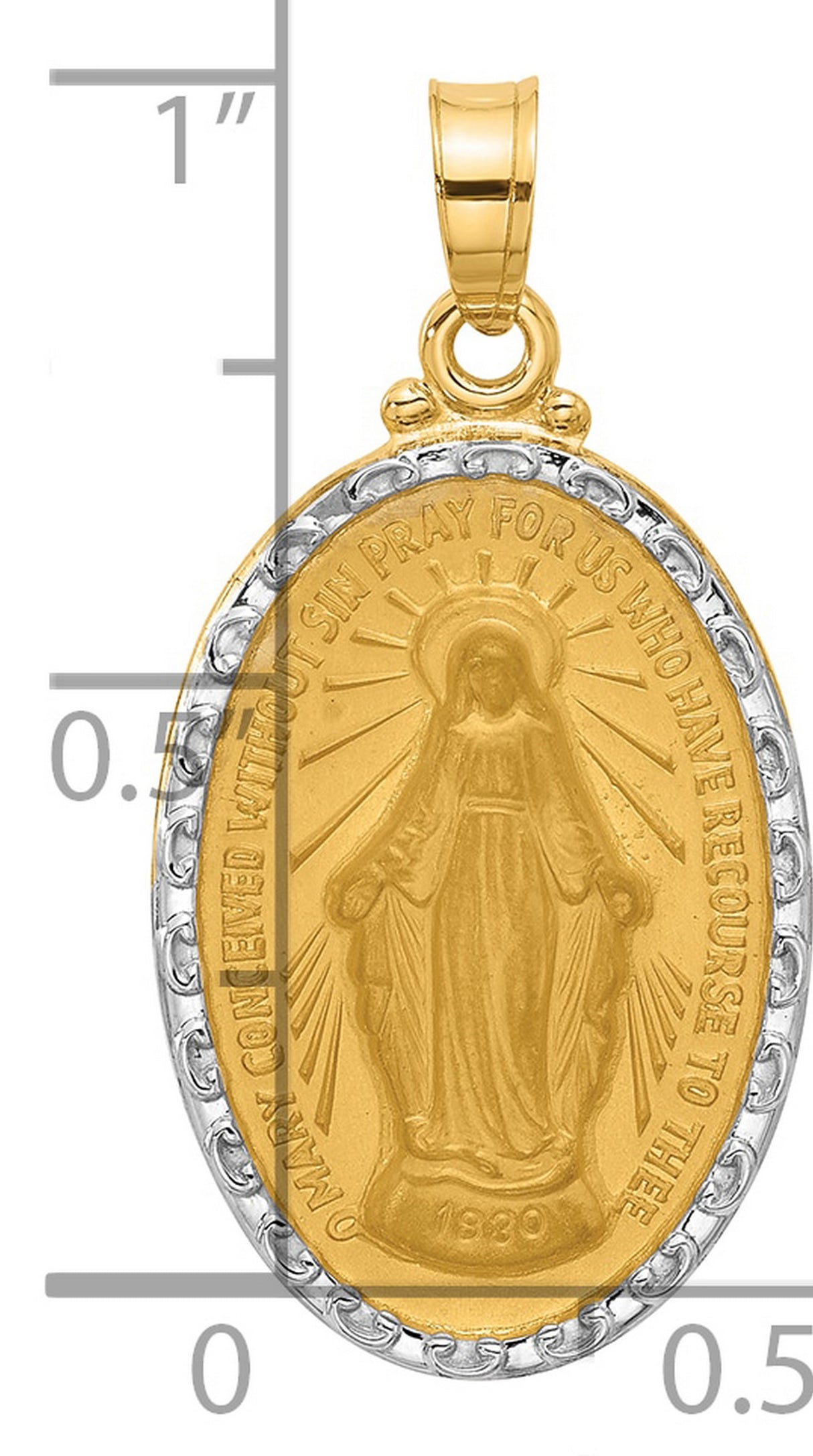 14k Multi-Tone Gold Miraculous Medal Pendant with Virgin Mary Oval Design, Rhodium Accent