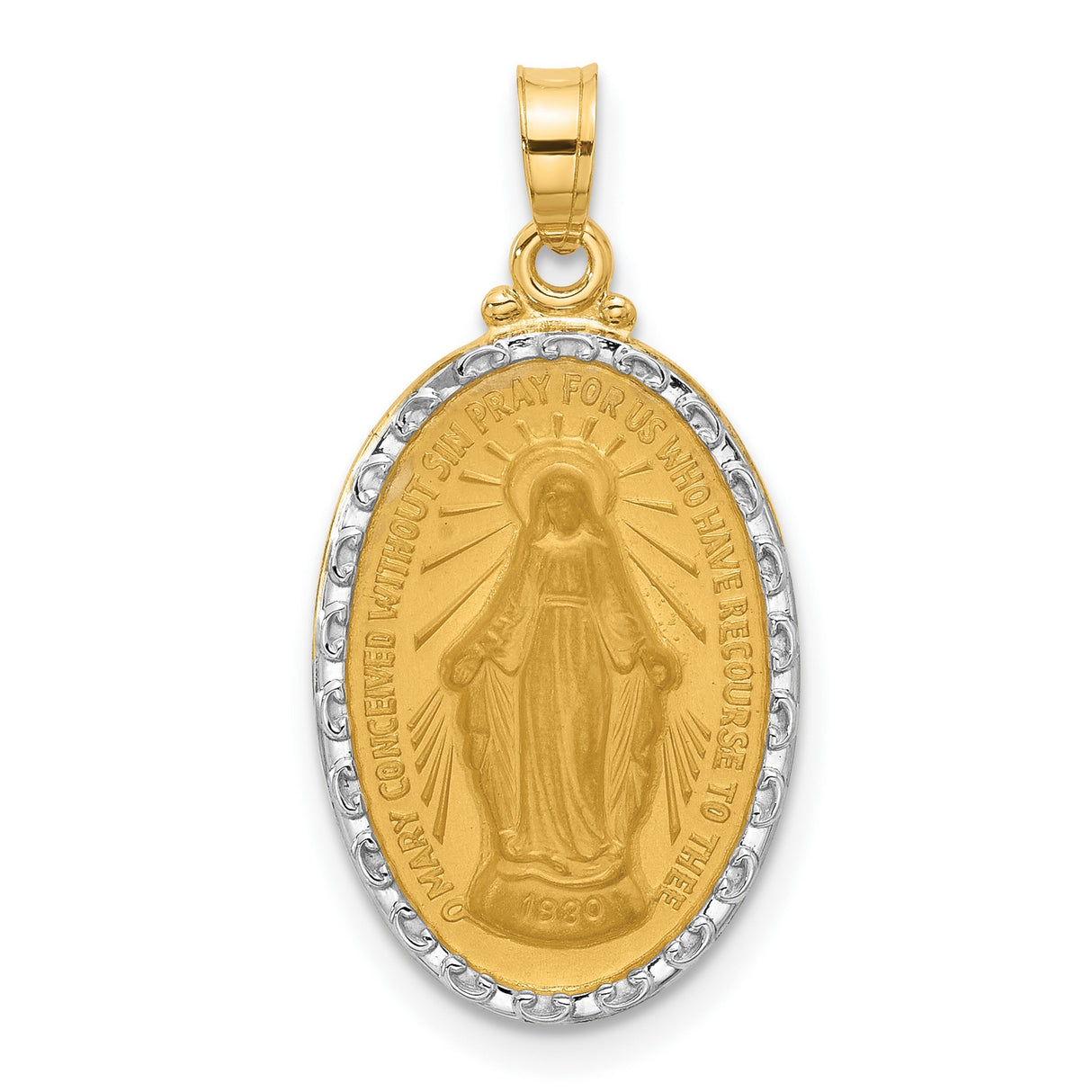 14k Multi-Tone Gold Miraculous Medal Pendant with Virgin Mary Oval Design, Rhodium Accent