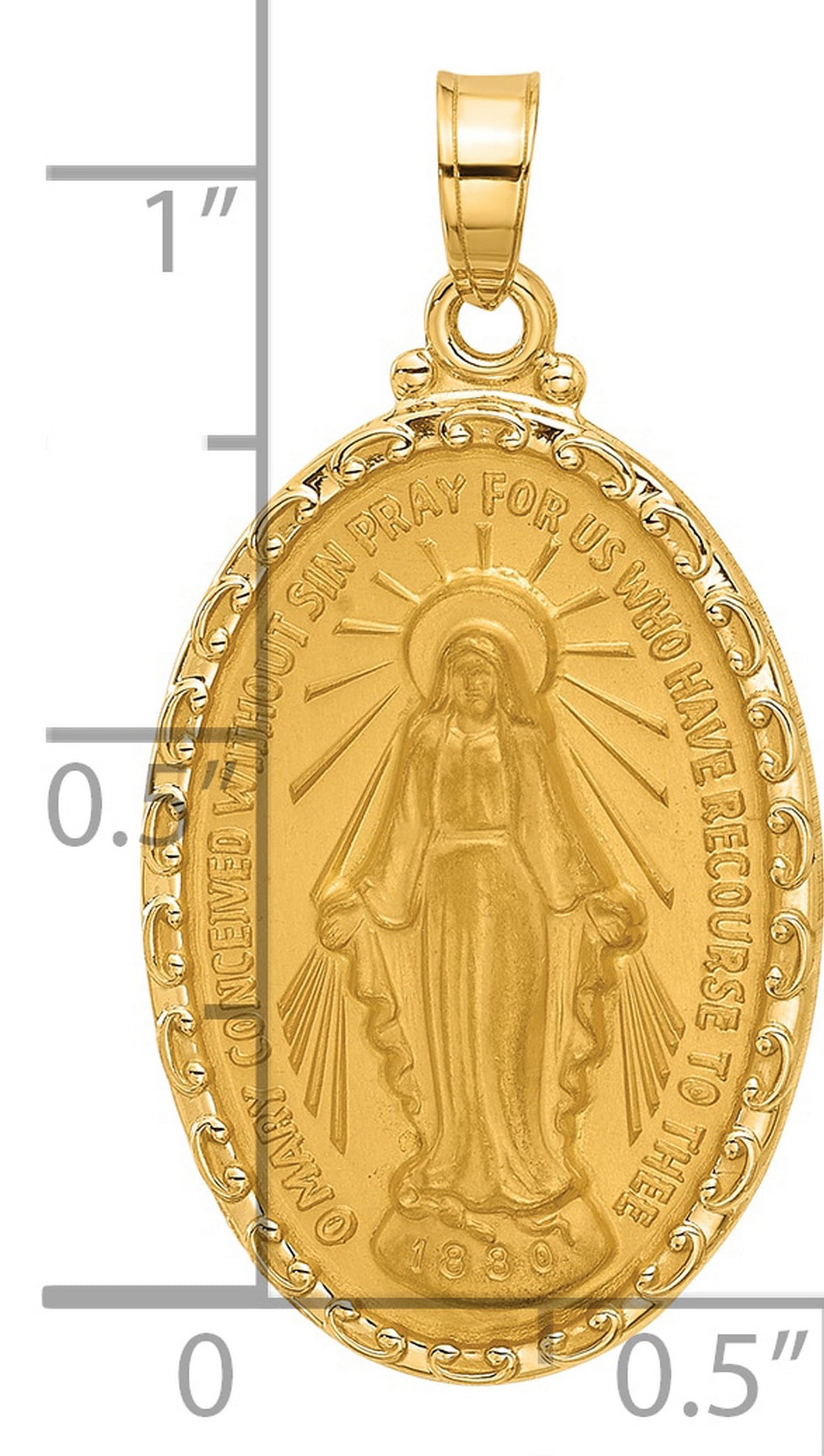 14k Yellow Gold Miraculous Medal Pendant Featuring Virgin Mary Inscription