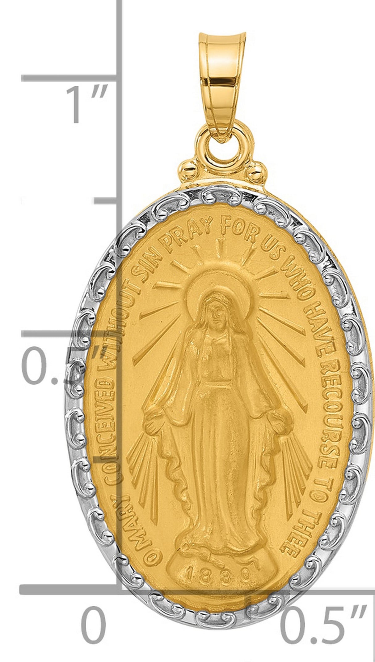 14k Multi-Tone Gold Virgin Mary Pendant with Miraculous Medal and Inscription