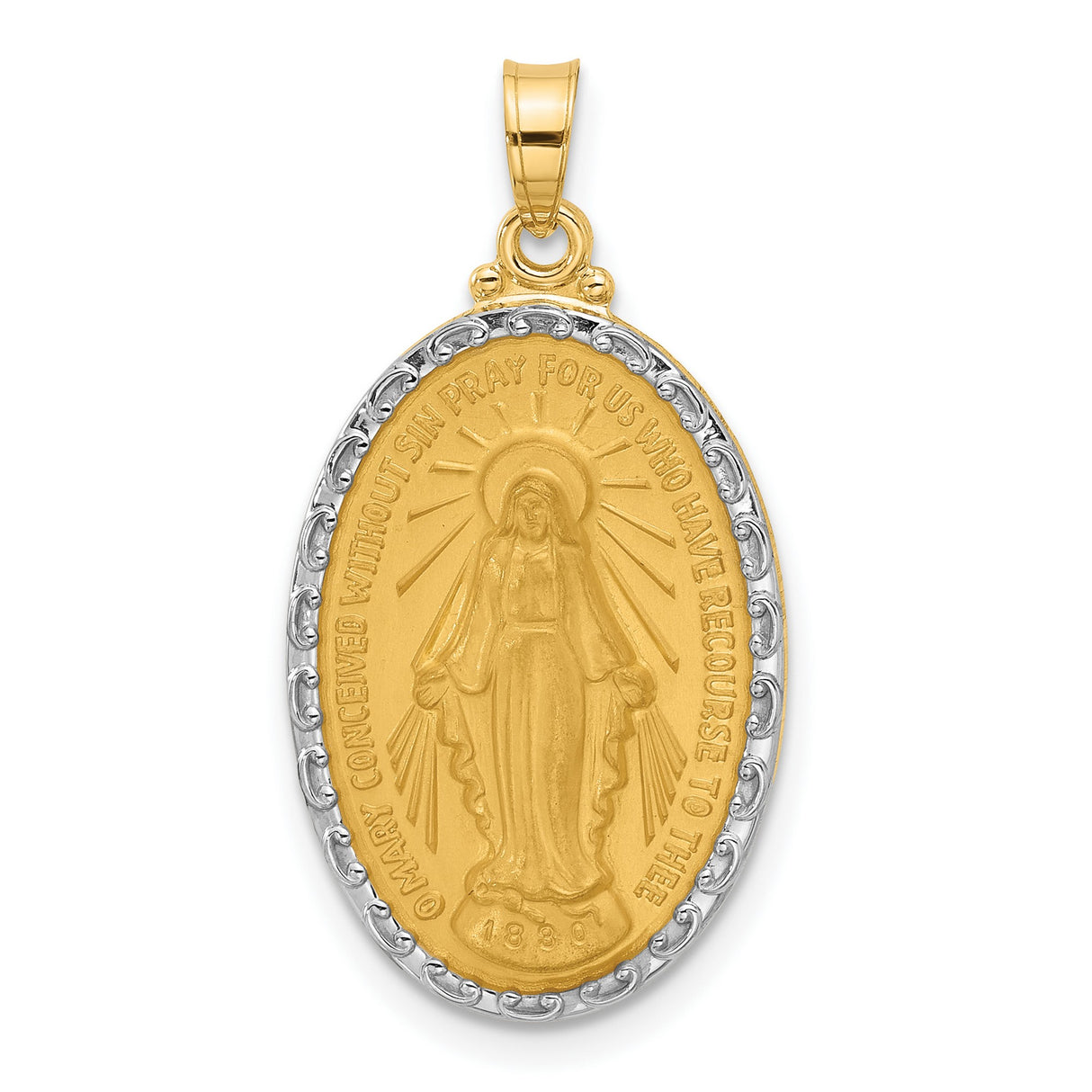 14k Multi-Tone Gold Virgin Mary Pendant with Miraculous Medal and Inscription