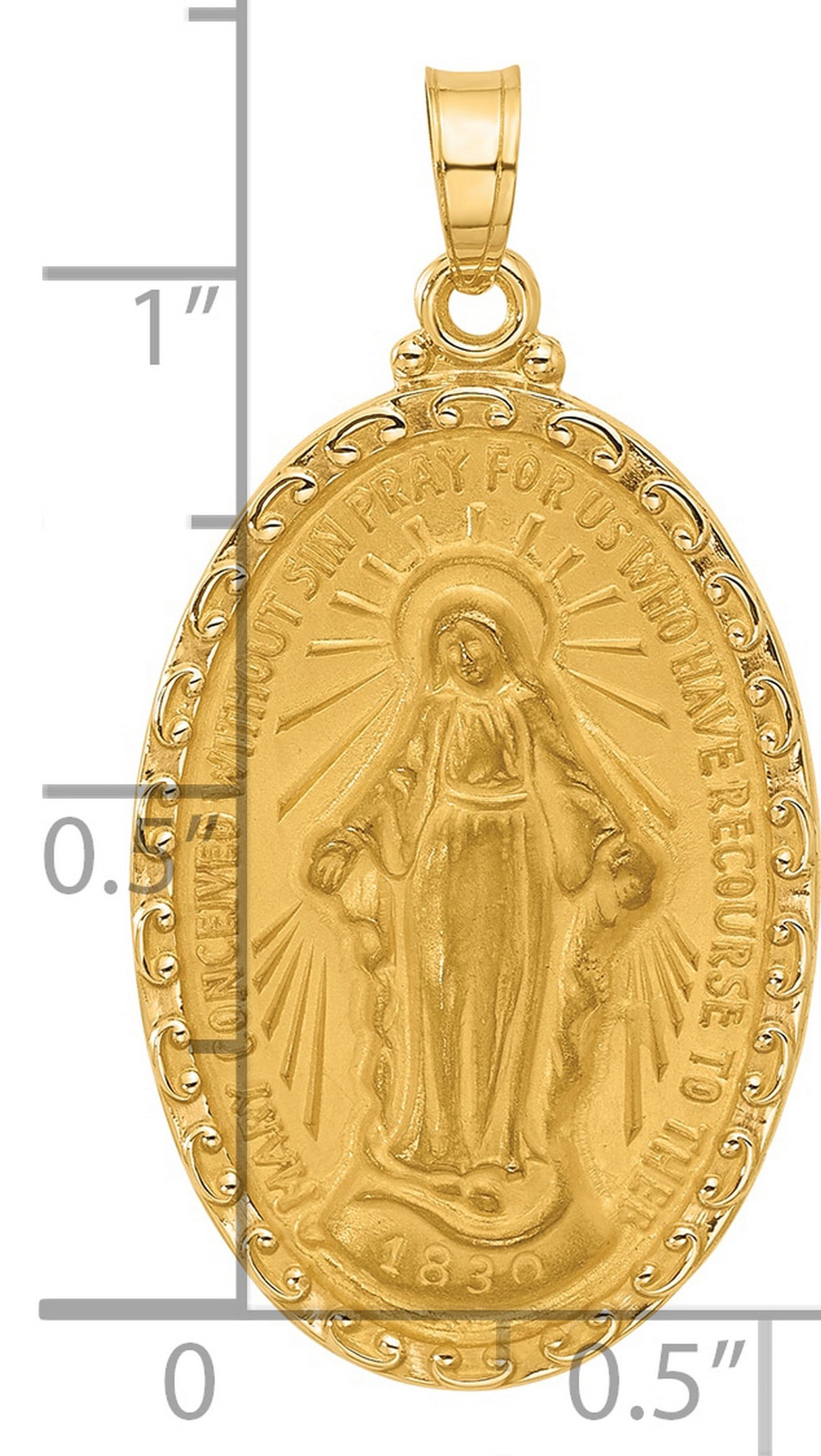 14k Yellow Gold Miraculous Medal Pendant with Virgin Mary Inscription Oval Catholic Jewelry