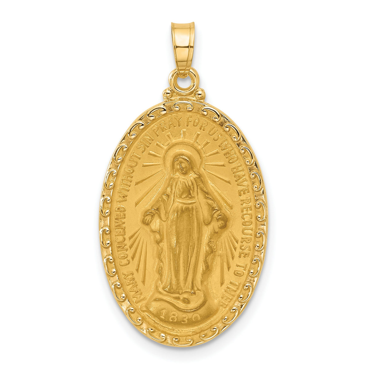 14k Yellow Gold Miraculous Medal Pendant with Virgin Mary Inscription Oval Catholic Jewelry