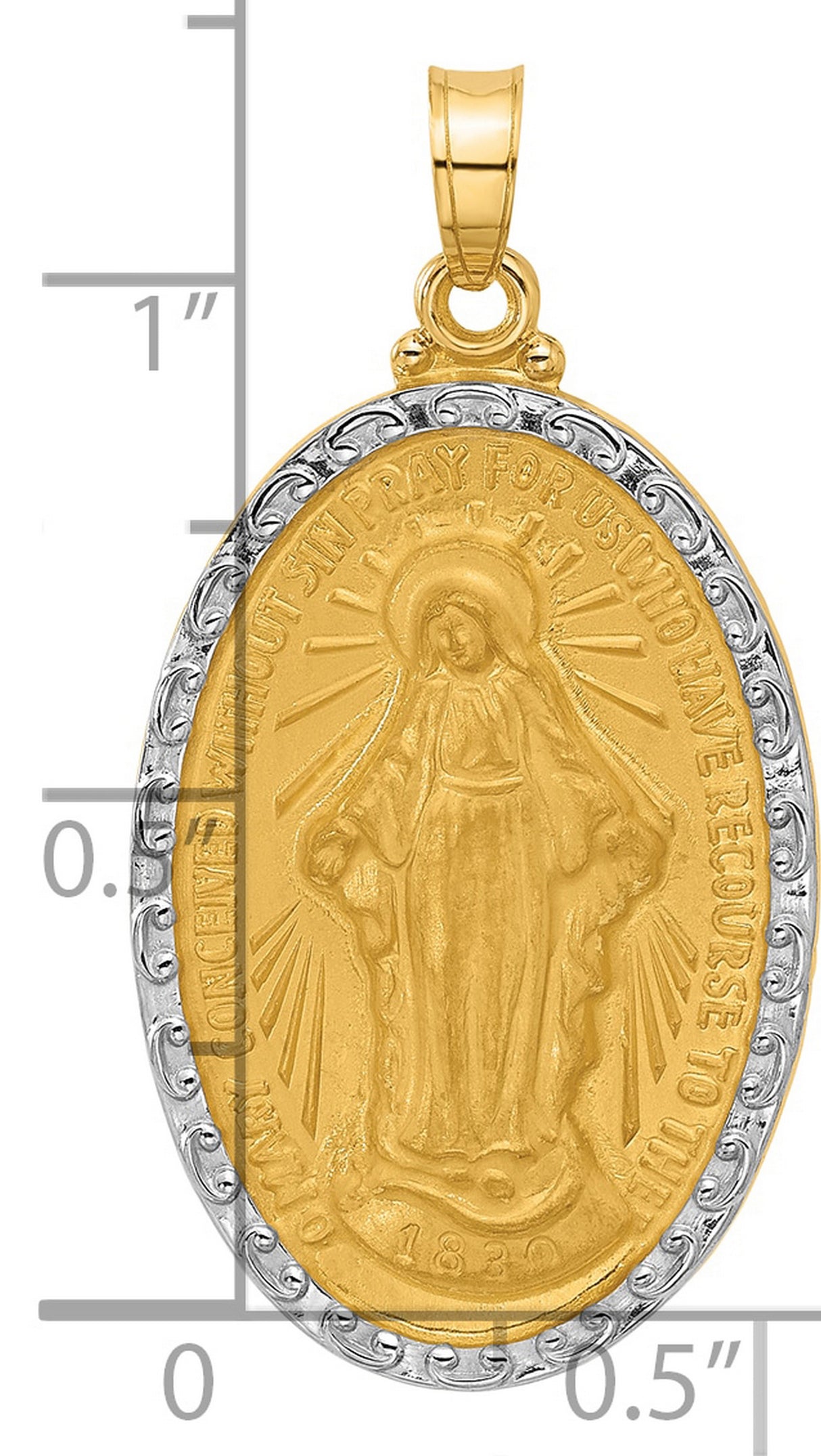 14k Yellow Gold and Rhodium Miraculous Medal Pendant with Virgin Mary and Inscribed Prayer