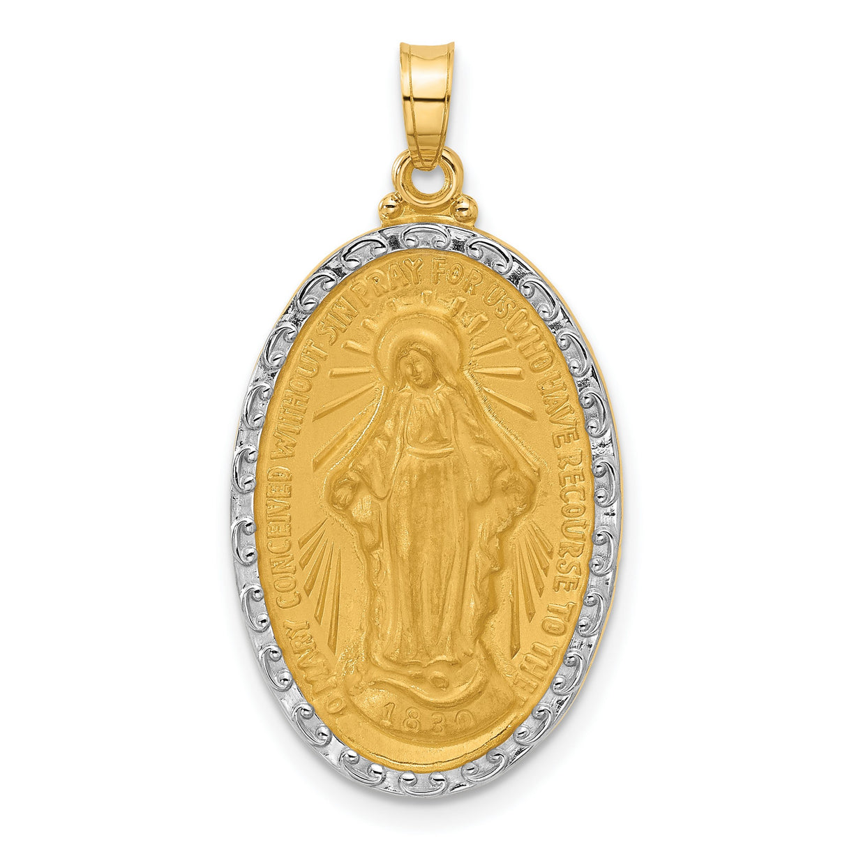 14k Yellow Gold and Rhodium Miraculous Medal Pendant with Virgin Mary and Inscribed Prayer