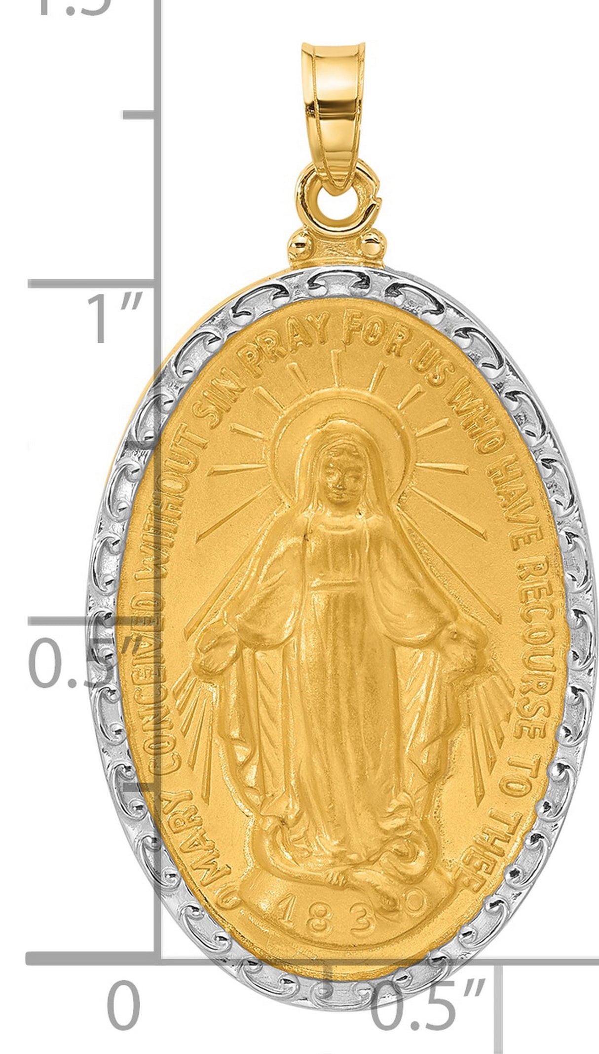 14k Yellow Gold and Rhodium Virgin Mary Oval Pendant, Miraculous Medal, Catholic Religious Jewelry