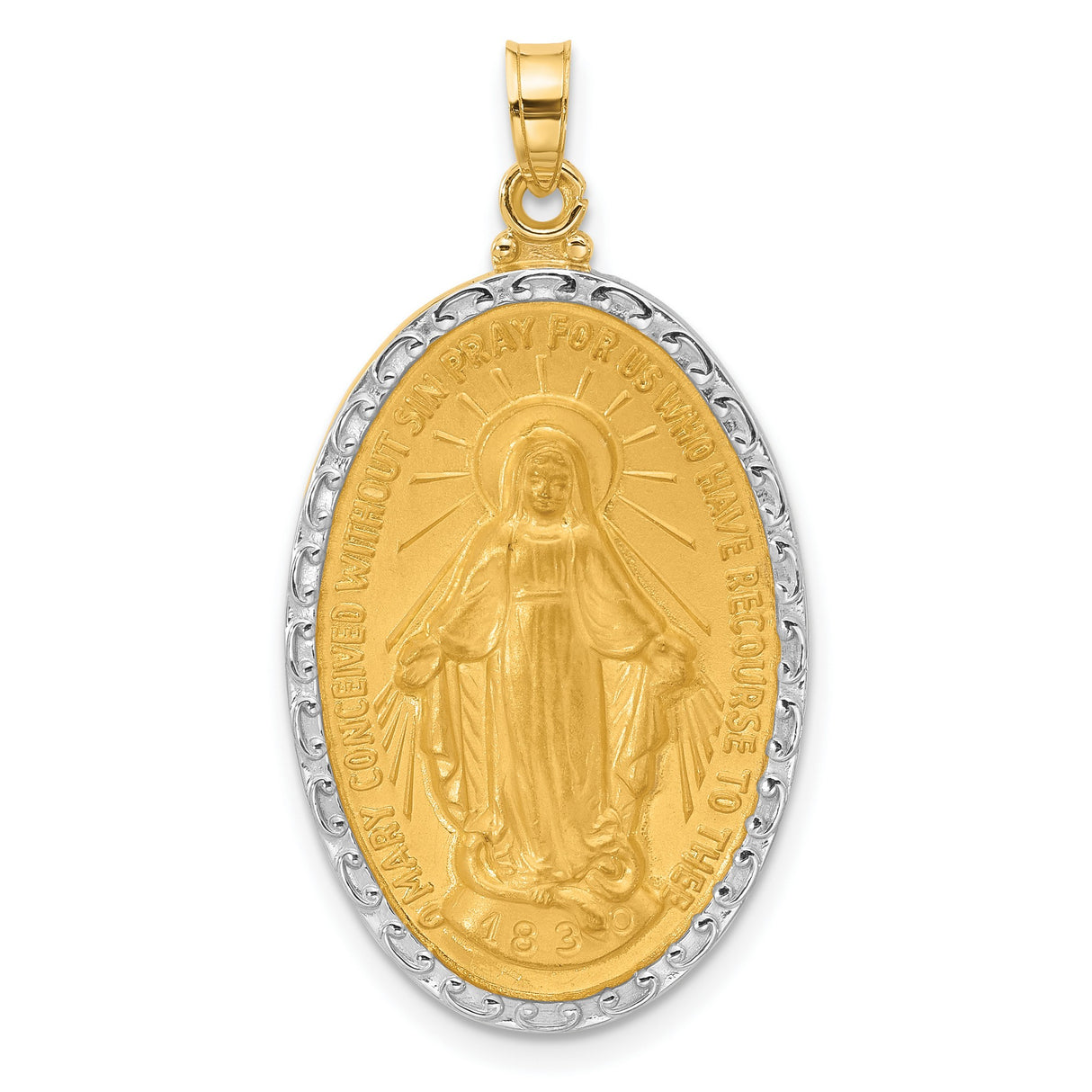 14k Yellow Gold and Rhodium Virgin Mary Oval Pendant, Miraculous Medal, Catholic Religious Jewelry