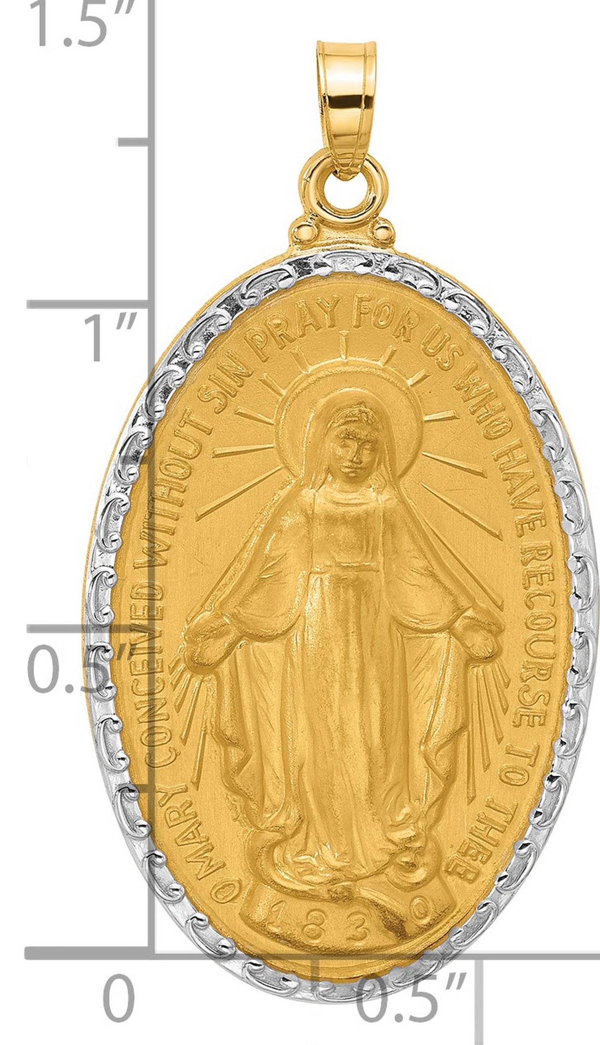 14k Multi-Tone Gold Miraculous Medal Pendant, Virgin Mary Oval with Rhodium Accent and Satin Finish