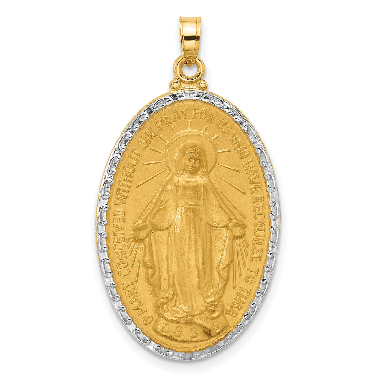 14k Multi-Tone Gold Miraculous Medal Pendant, Virgin Mary Oval with Rhodium Accent and Satin Finish