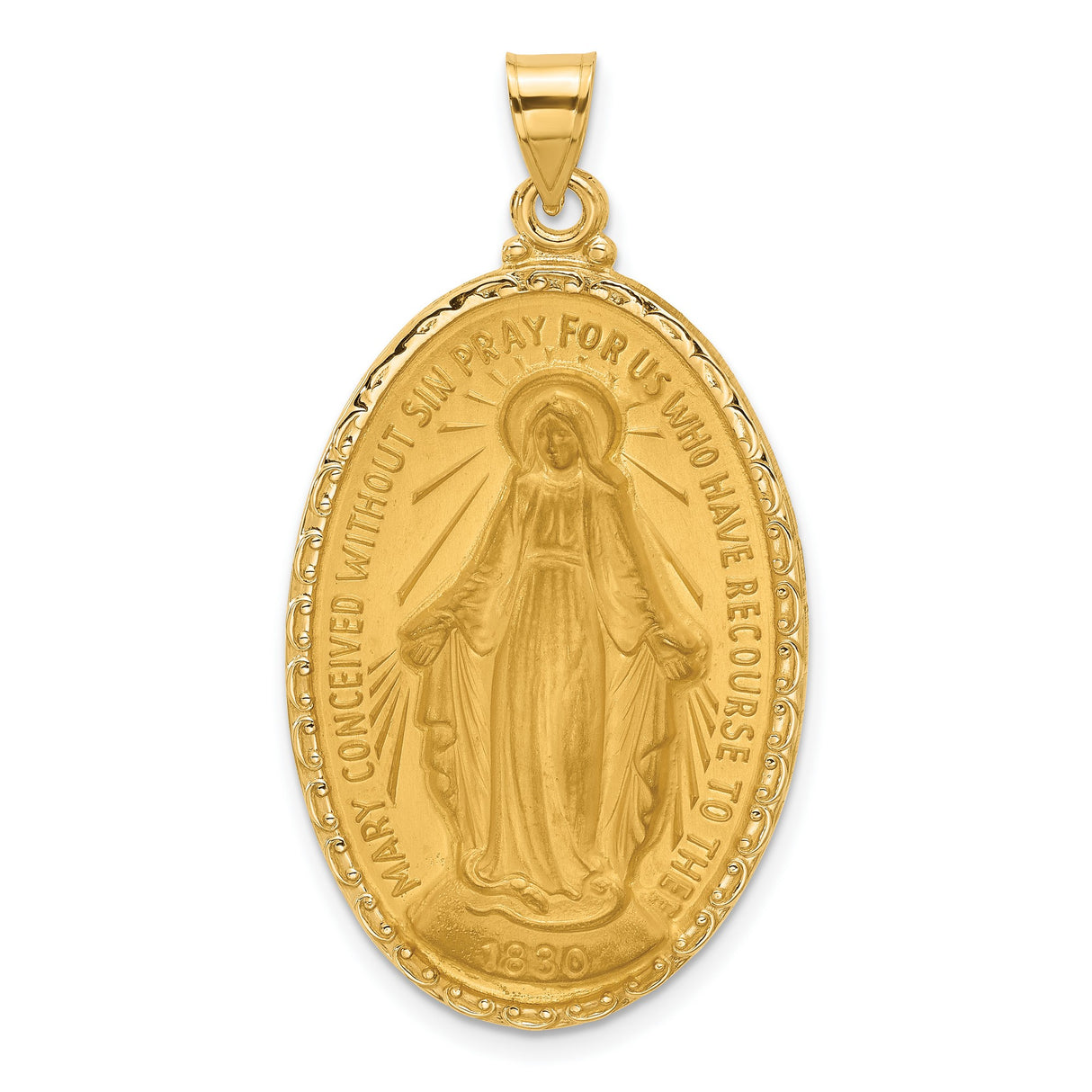 14k Yellow Gold Miraculous Medal Pendant with Virgin Mary and 1830 Inscription