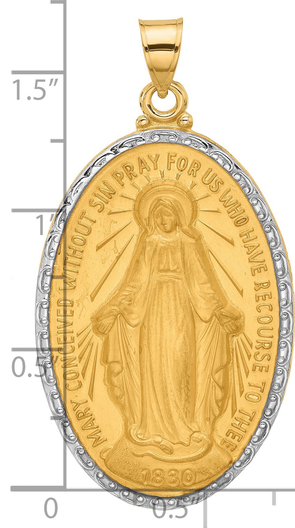 Satin and Polished Miraculous Medal Solid Oval Charm Pendant in Real 14k Multi-Tone Gold