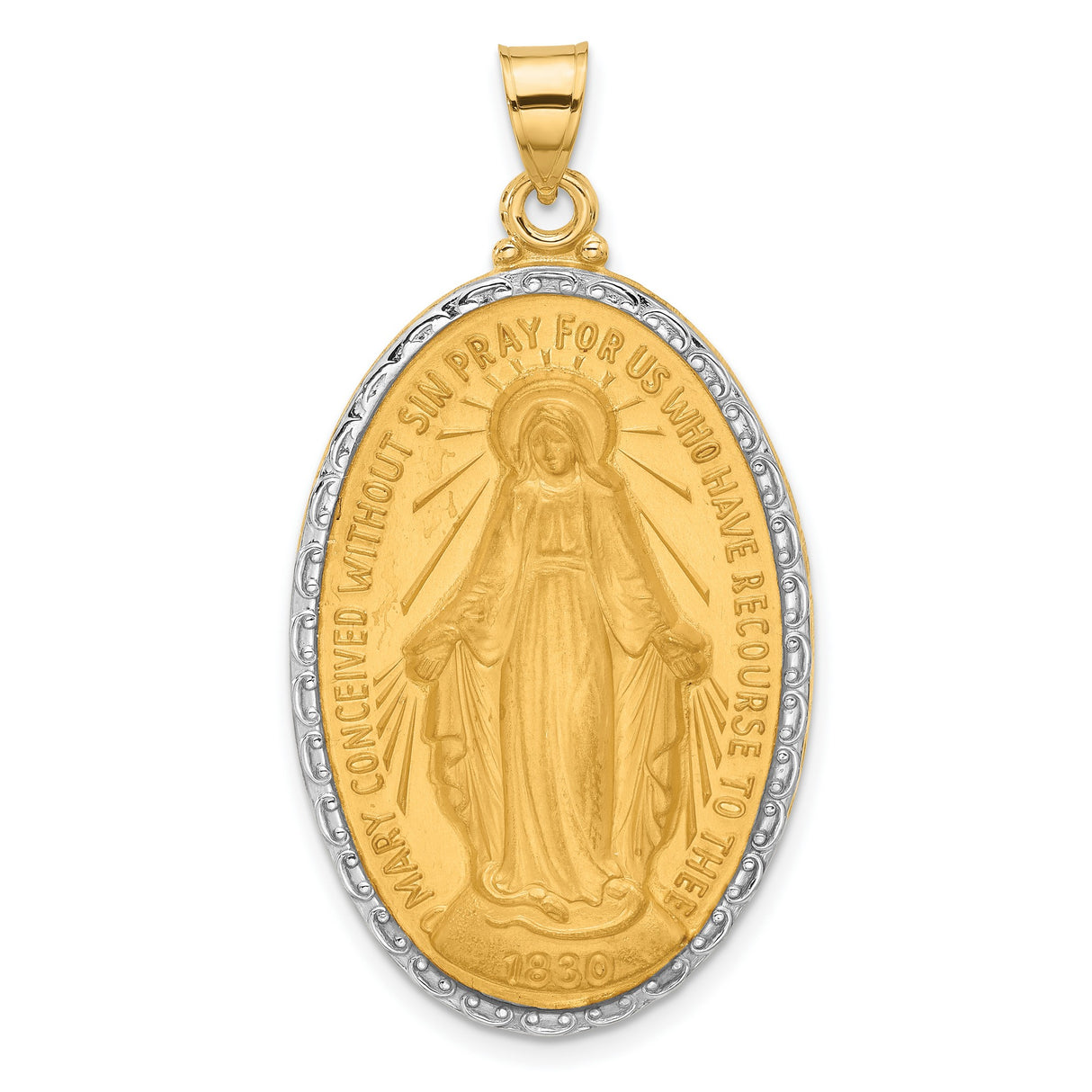 Satin and Polished Miraculous Medal Solid Oval Charm Pendant in Real 14k Multi-Tone Gold