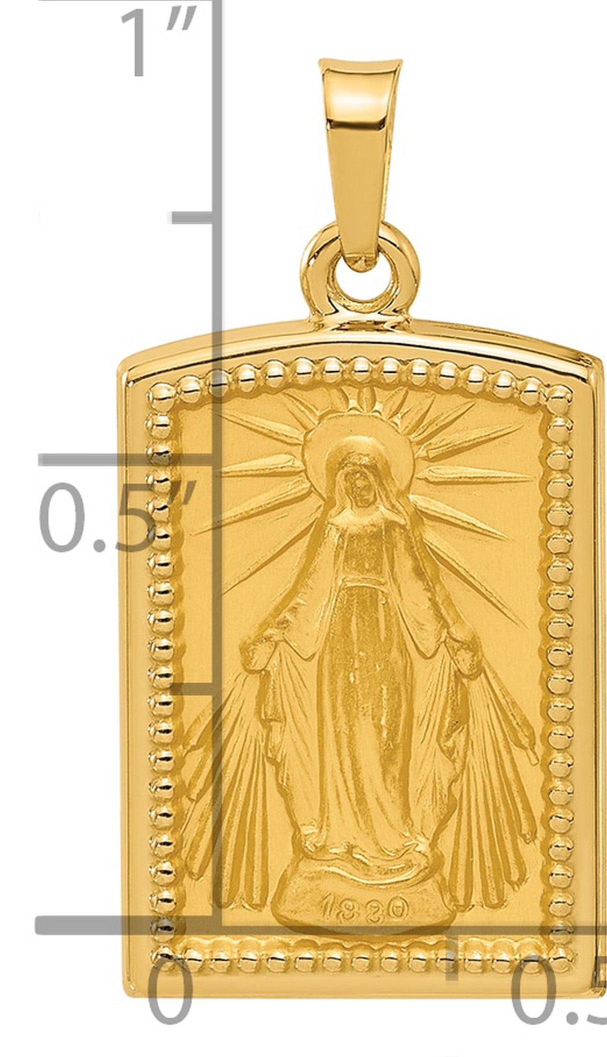 14k Yellow Gold Virgin Mary Rectangular Pendant with Radiant Beams and 1830 Detail