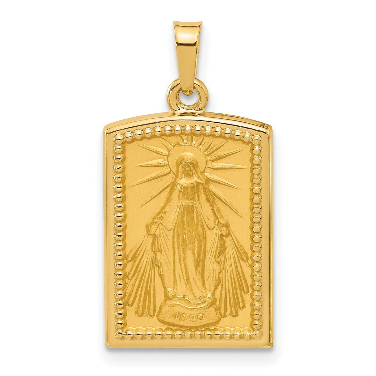 14k Yellow Gold Virgin Mary Rectangular Pendant with Radiant Beams and 1830 Detail