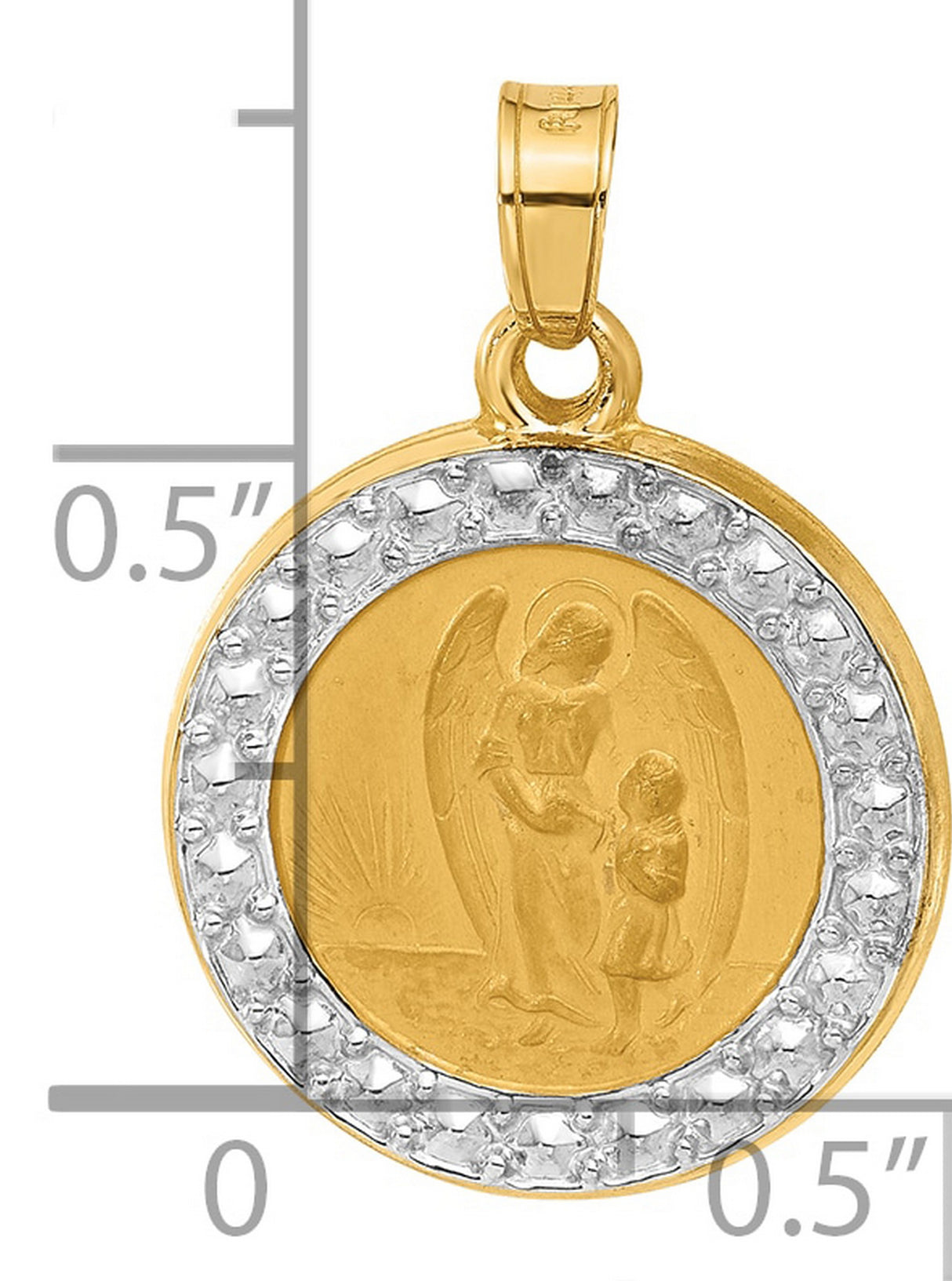 14k Yellow Gold and Rhodium Guardian Angel Pendant, Religious Medal Charm