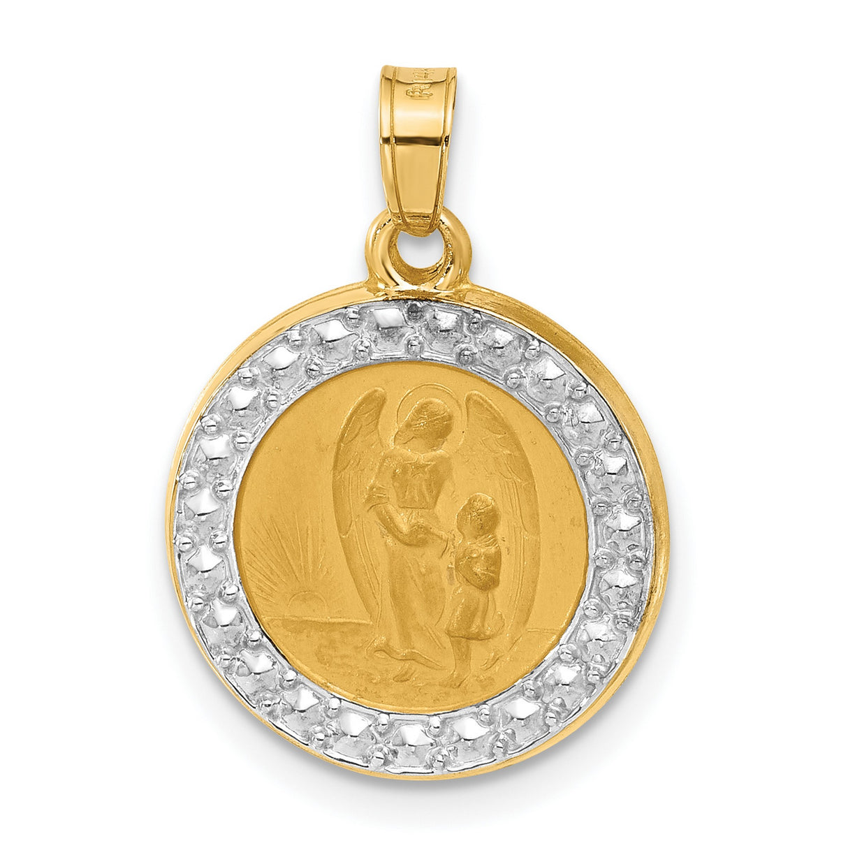 14k Yellow Gold and Rhodium Guardian Angel Pendant, Religious Medal Charm