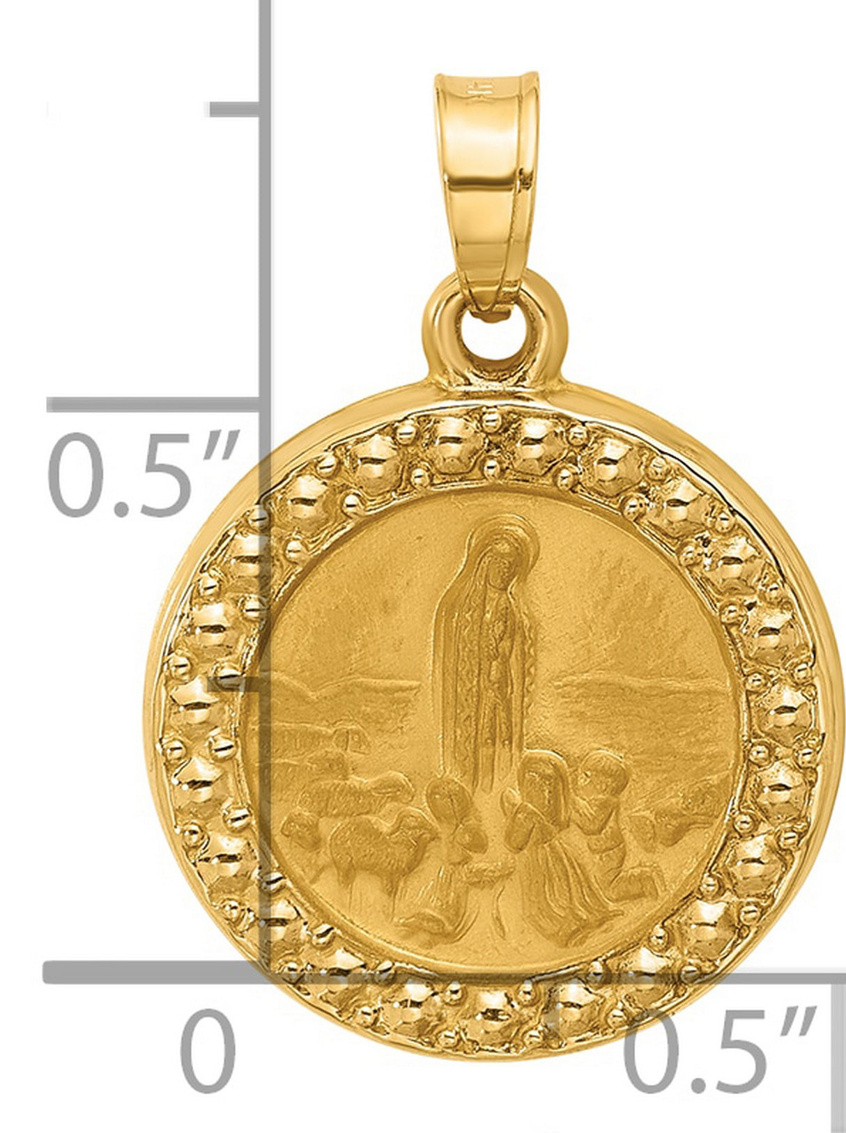 14k Yellow Gold Round Pendant Featuring Our Lady of Fatima Medallion with Textured Border