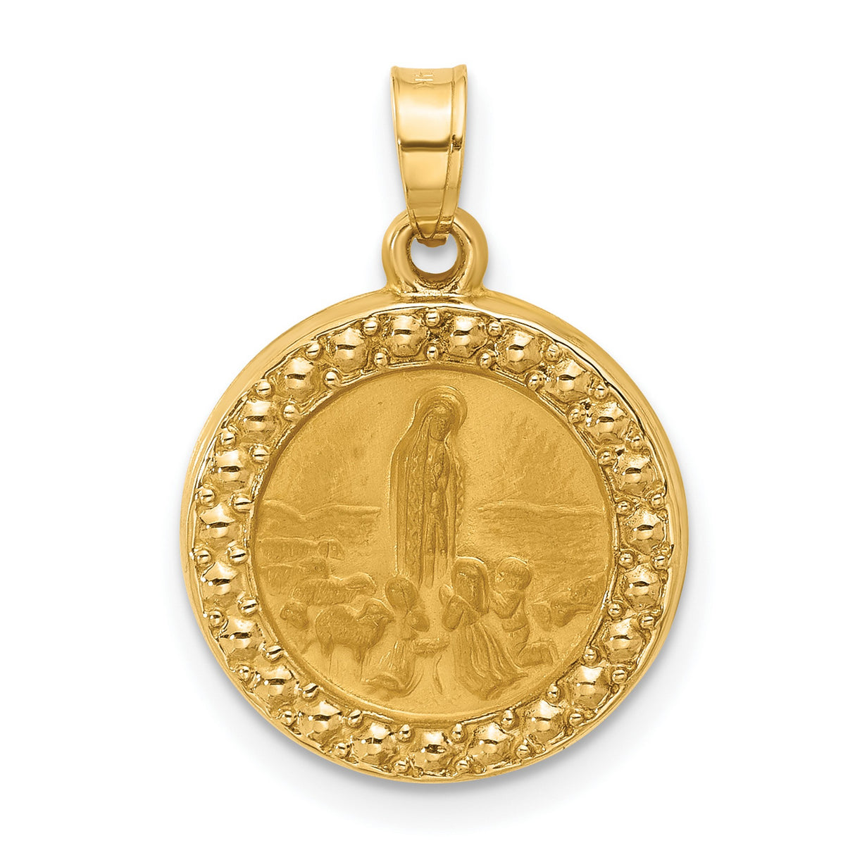 14k Yellow Gold Round Pendant Featuring Our Lady of Fatima Medallion with Textured Border