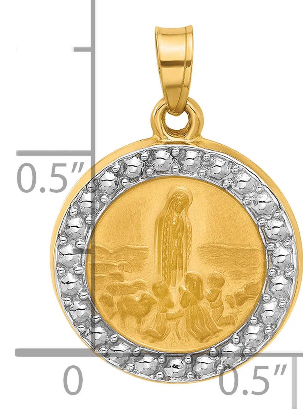 14k Yellow and Rhodium Gold Pendant, Our Lady of Fatima with Kneeling Figures, Religious Medal