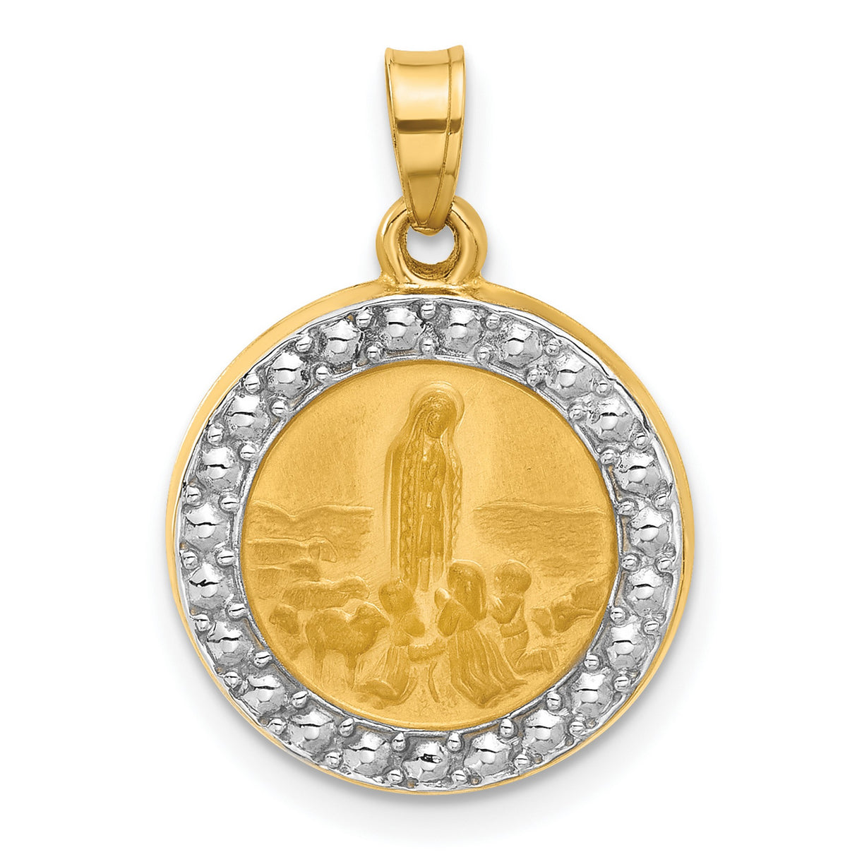 14k Yellow and Rhodium Gold Pendant, Our Lady of Fatima with Kneeling Figures, Religious Medal