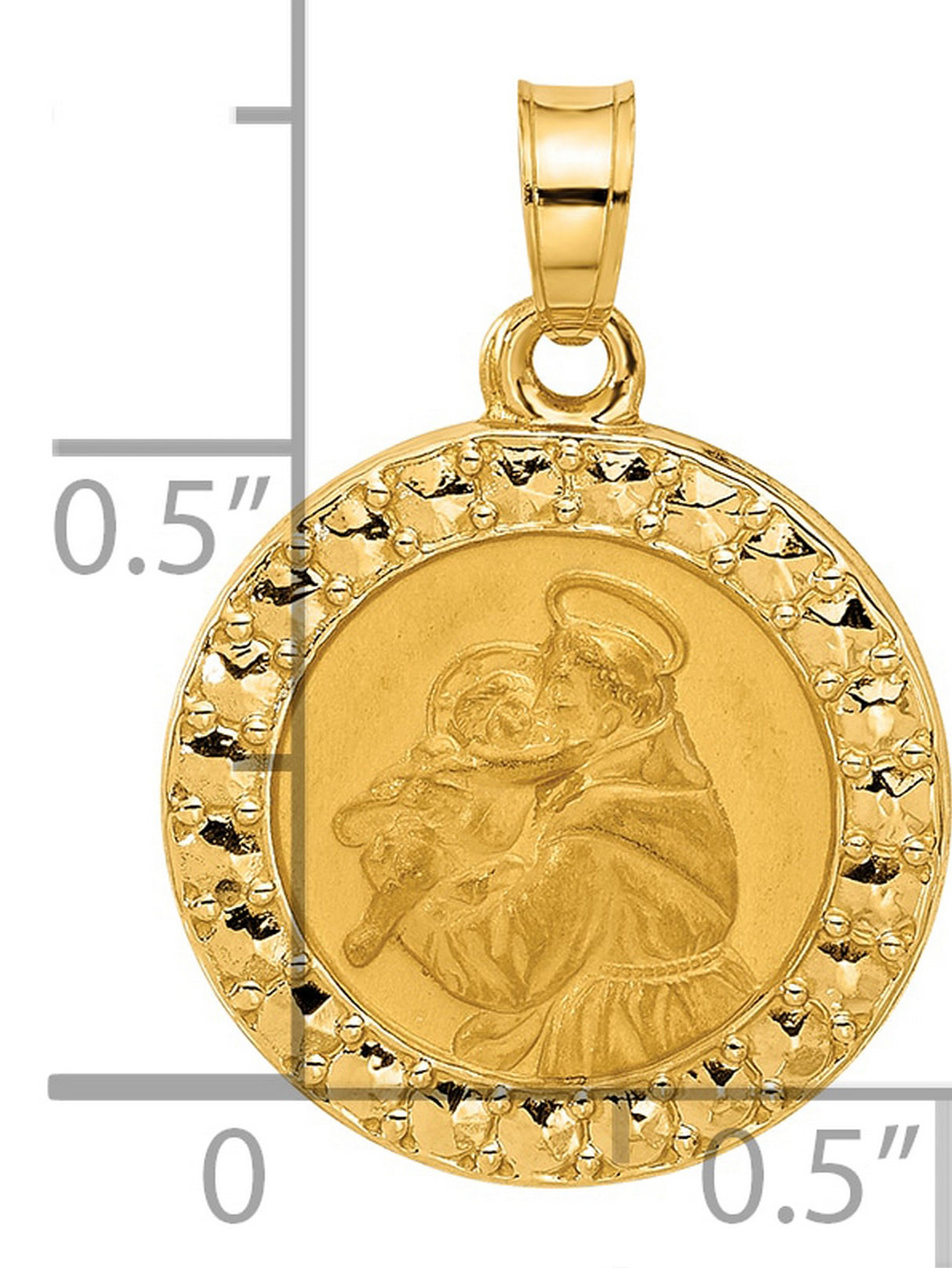 14k Yellow Gold Saint Anthony Pendant with Textured Border, Round Catholic Medal for Women