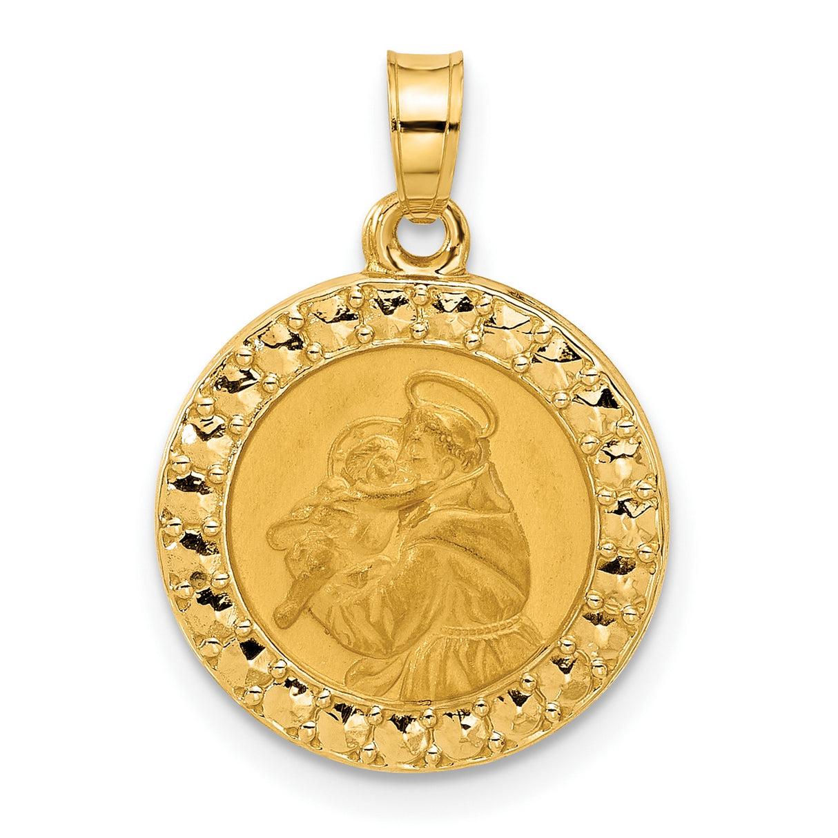 14k Yellow Gold Saint Anthony Pendant with Textured Border, Round Catholic Medal for Women