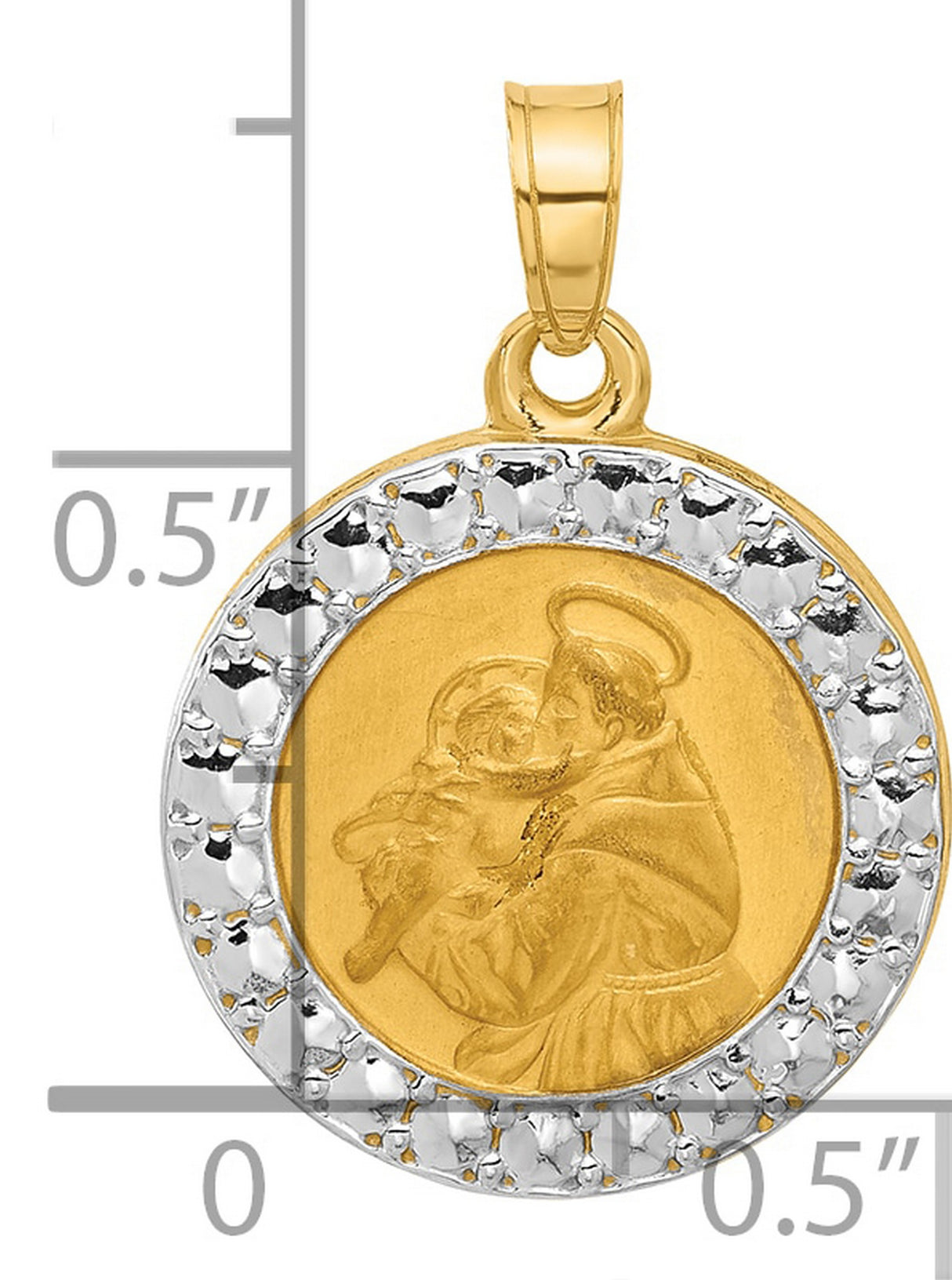 14k Multi-Tone Gold Saint Anthony Pendant with Rhodium Frame, Religious Christian Medal