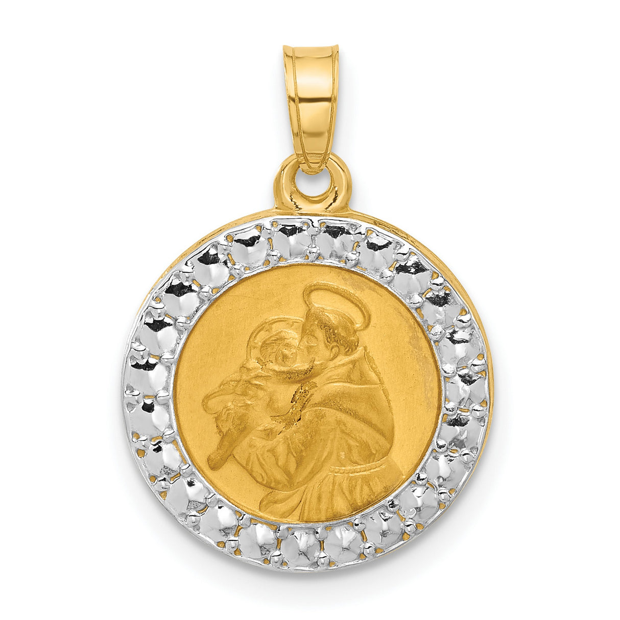 14k Multi-Tone Gold Saint Anthony Pendant with Rhodium Frame, Religious Christian Medal