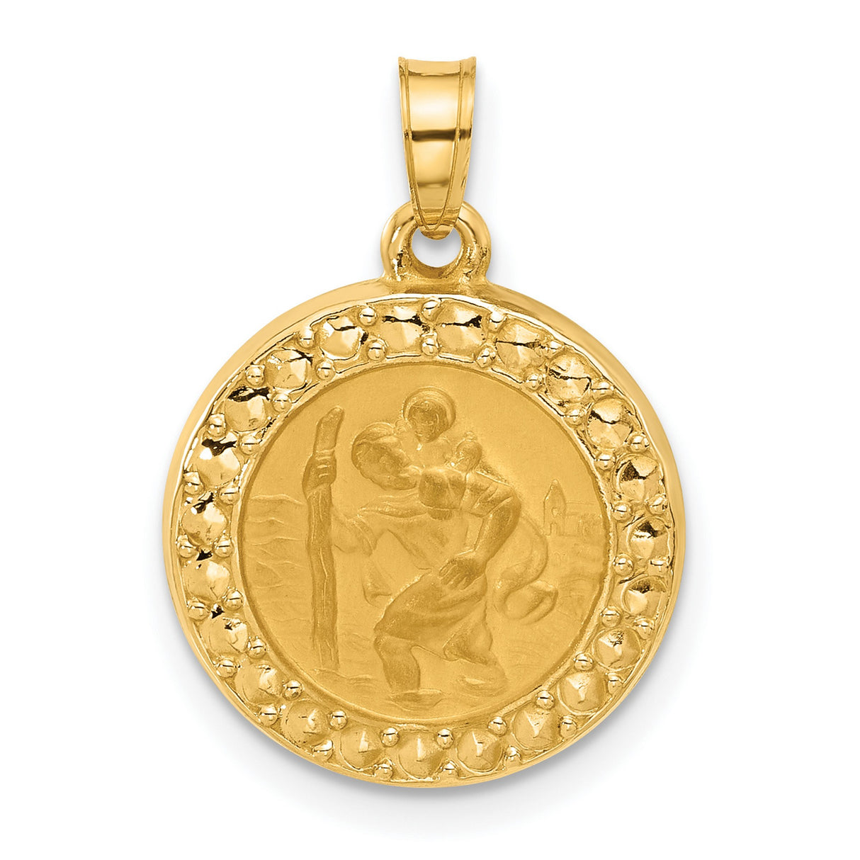 14k Yellow Gold Saint Christopher Medal Pendant, Textured Religious Design for Travel Protection