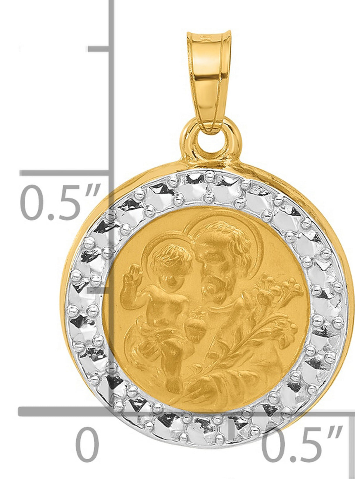 14k Multi-Tone Gold Saint Joseph and Jesus Medallion Pendant with Rhodium Border