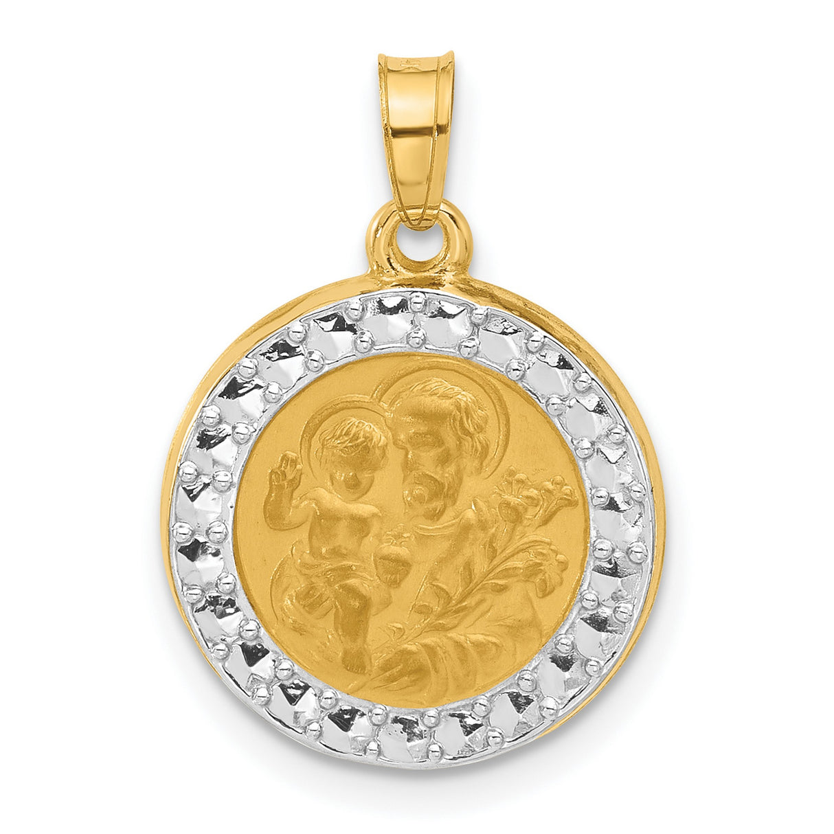 14k Multi-Tone Gold Saint Joseph and Jesus Medallion Pendant with Rhodium Border