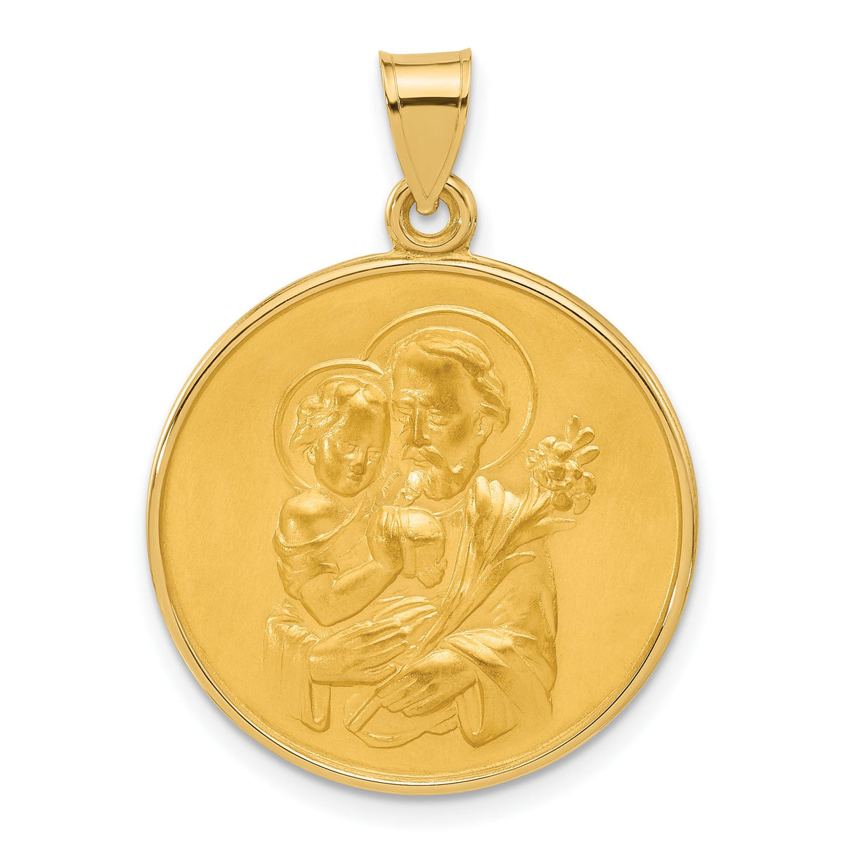 14k Yellow Gold Saint Joseph Pendant with Raised Image Holding Jesus, Catholic Medal Charm