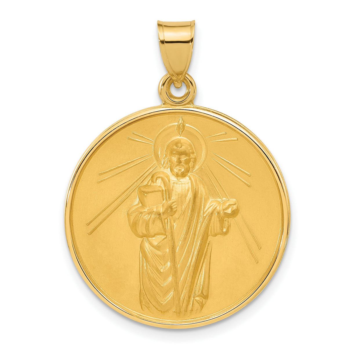 14k Yellow Gold Saint Jude Halo Pendant Medal with Book and Staff Design