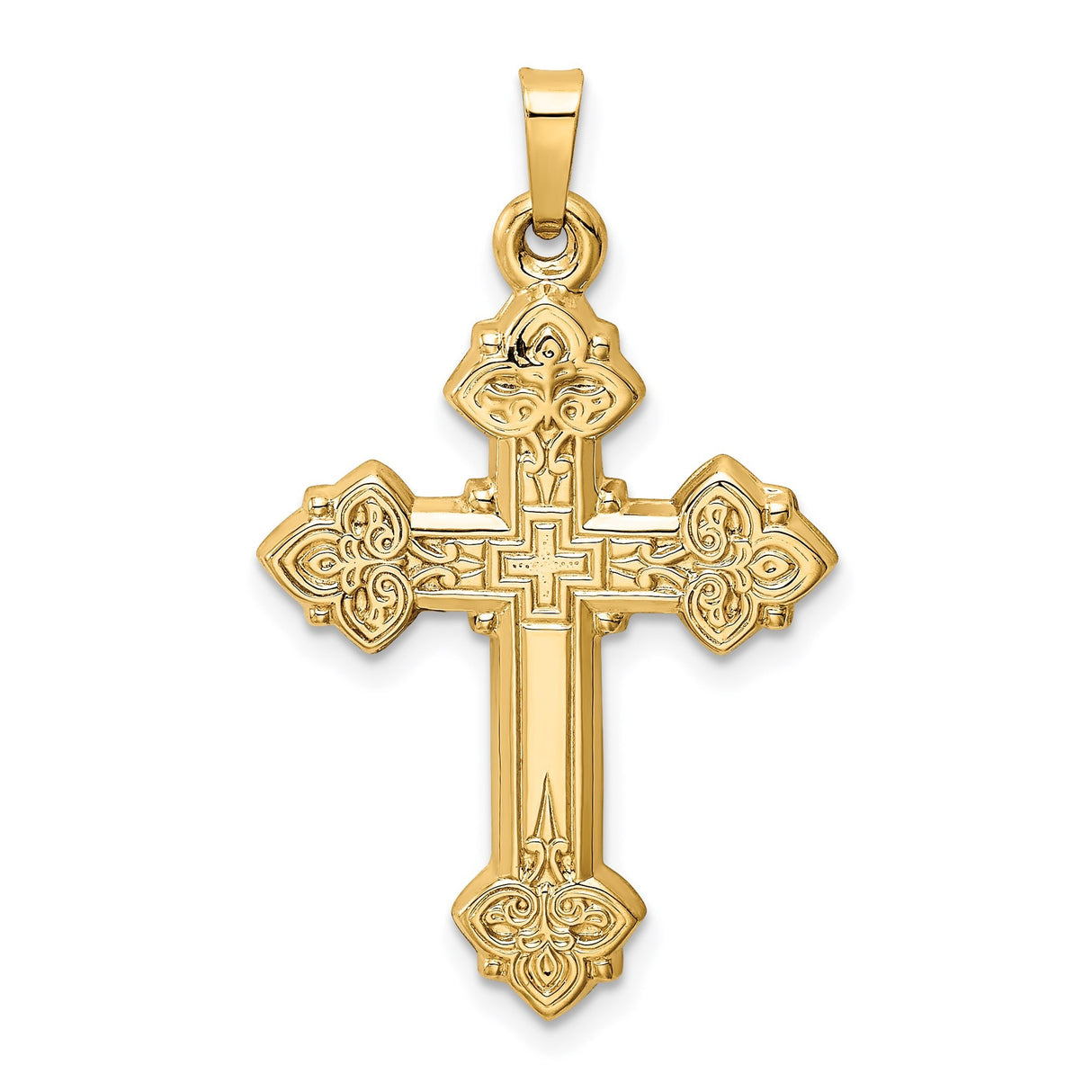 14k Yellow Gold Orthodox Cross Pendant with Scrollwork and Layered Design