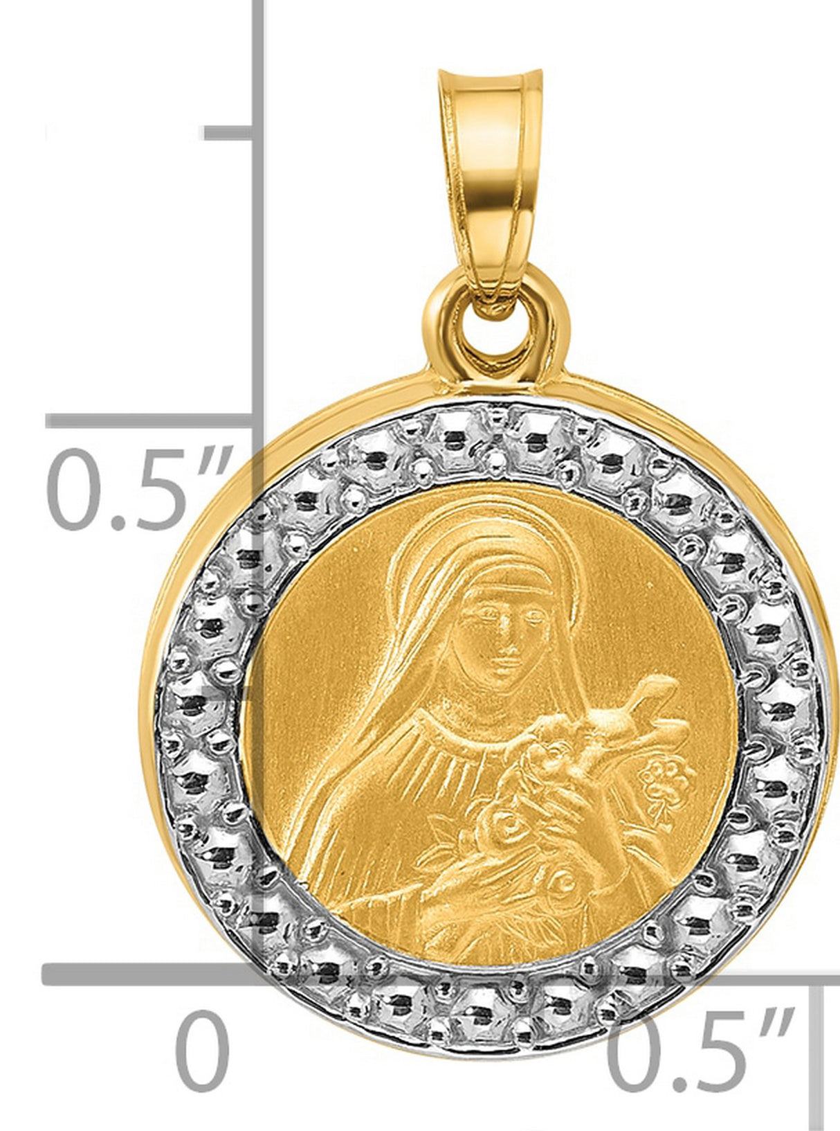 14k Two-Tone Gold Saint Therese Pendant with Rhodium Accent, Catholic Religious Medal