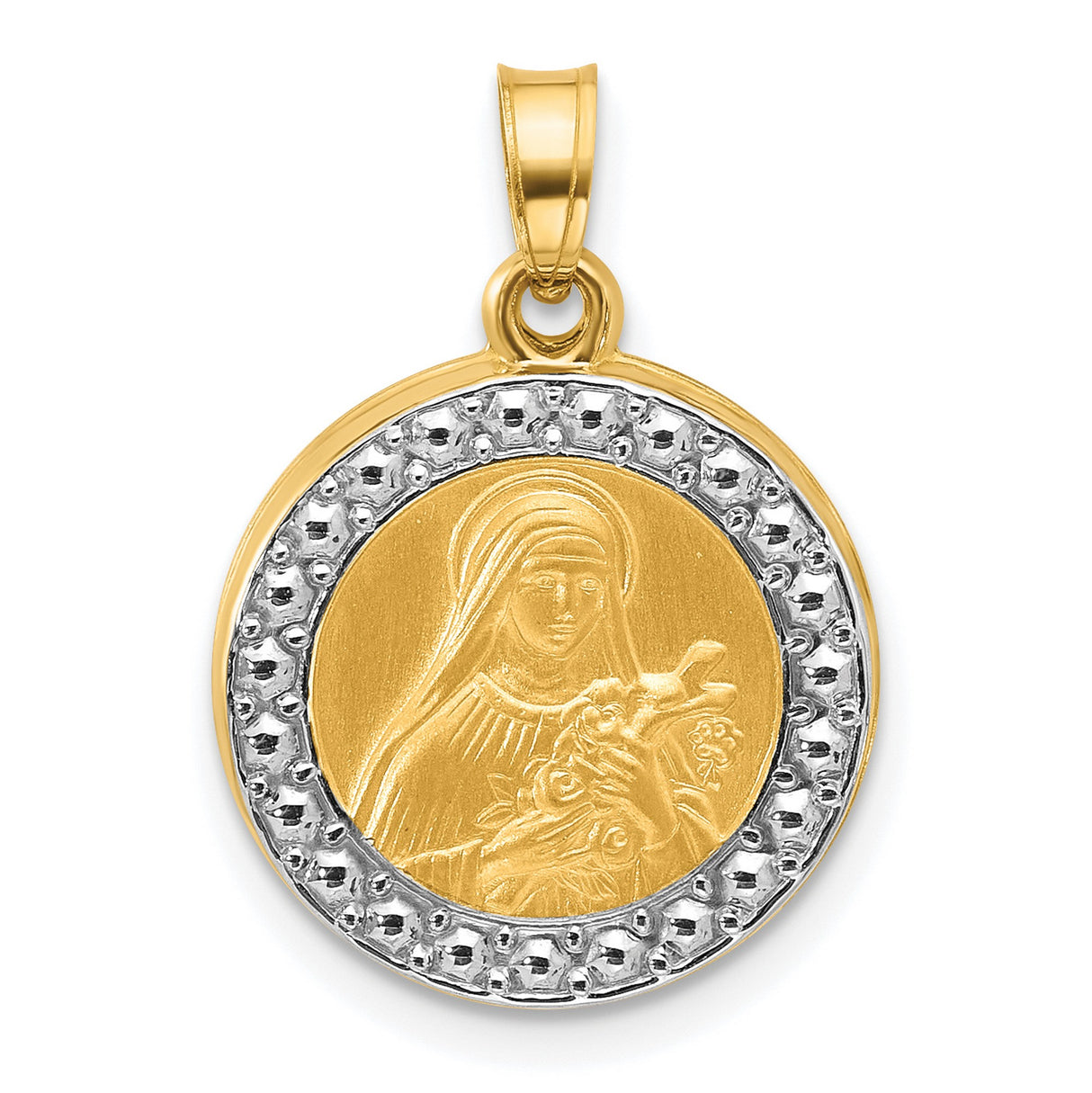 14k Two-Tone Gold Saint Therese Pendant with Rhodium Accent, Catholic Religious Medal