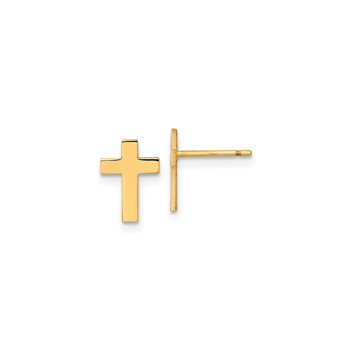 14k Yellow Gold Cross Stud Earrings, Polished Minimalist Christian Jewelry for Women and Unisex Wear