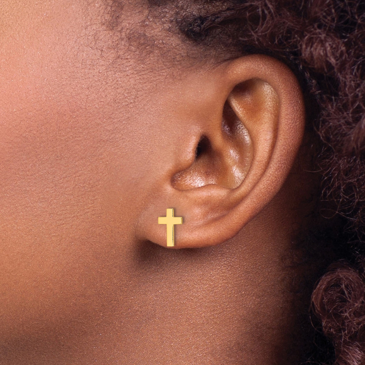 14k Yellow Gold Cross Stud Earrings, Polished Christian Symbol for Women